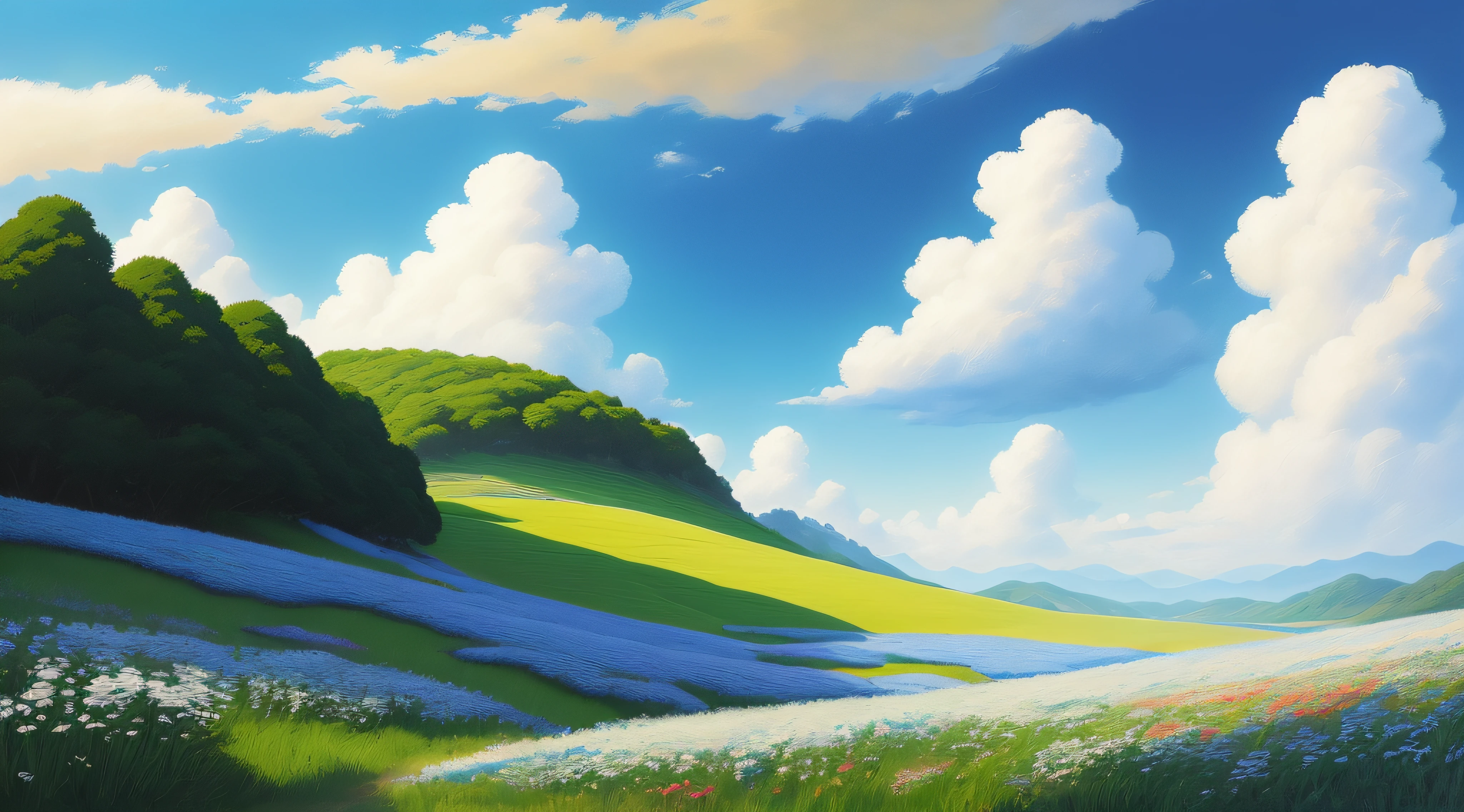 Realistic, authentic, beautiful and amazing landscape oil painting Studio Ghibli Hayao Miyazaki's petal grassland with blue sky and white clouds --v6
