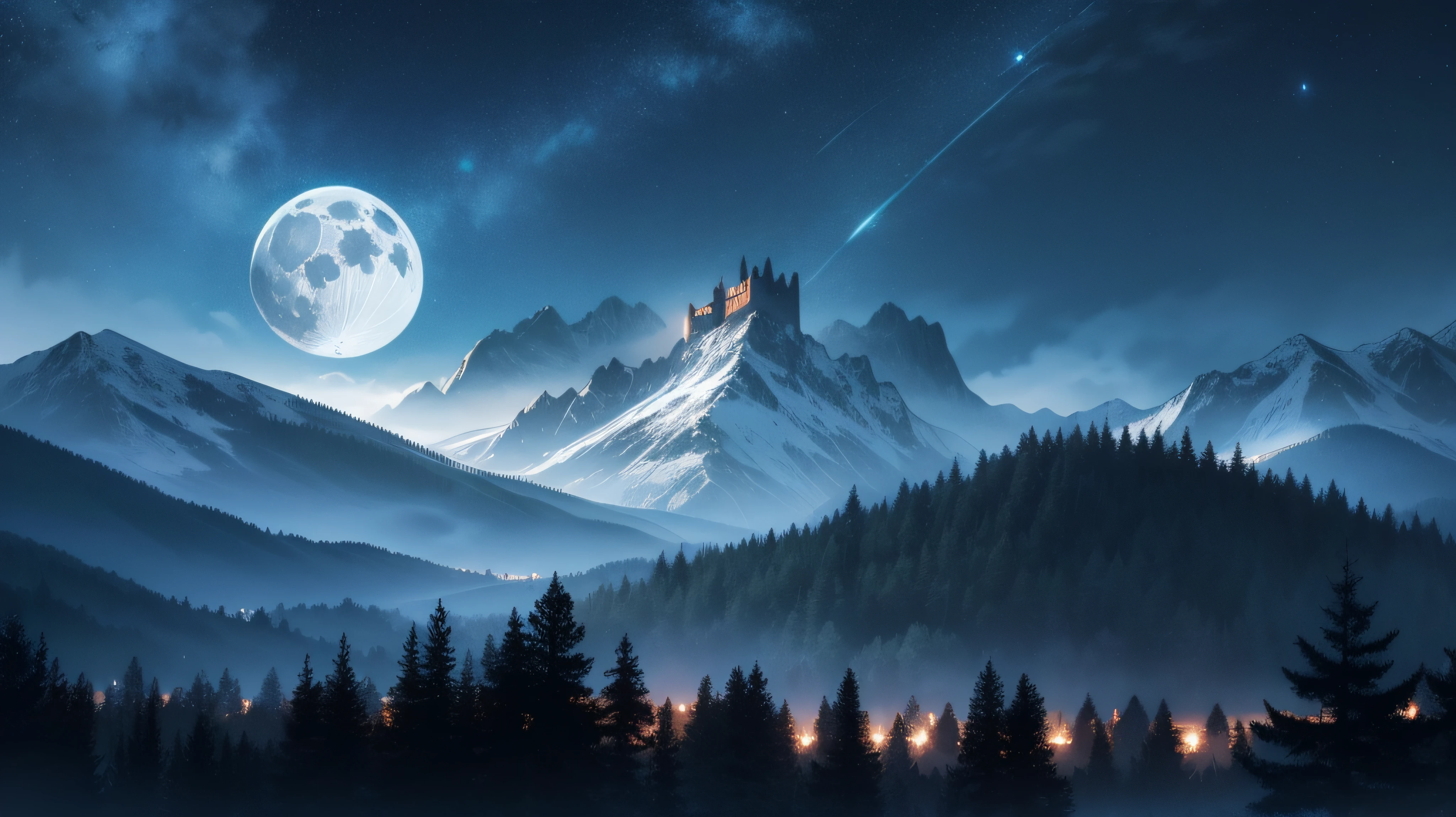 A mountain scene with a full moon and a castle in the distance - SeaArt AI