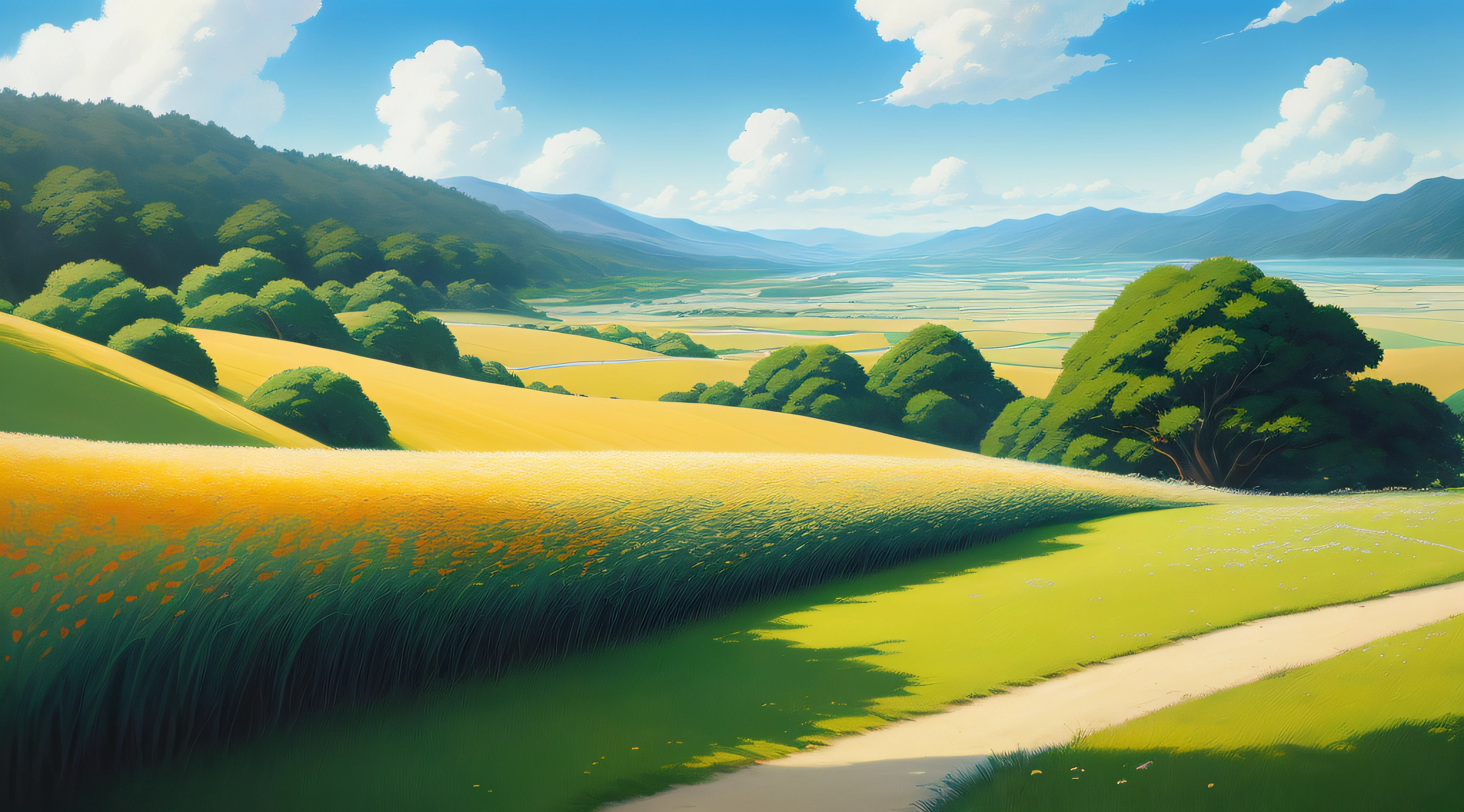 Realistic, authentic, beautiful and amazing landscape oil painting Studio Ghibli Hayao Miyazaki's petal grassland with blue sky and white clouds --v6