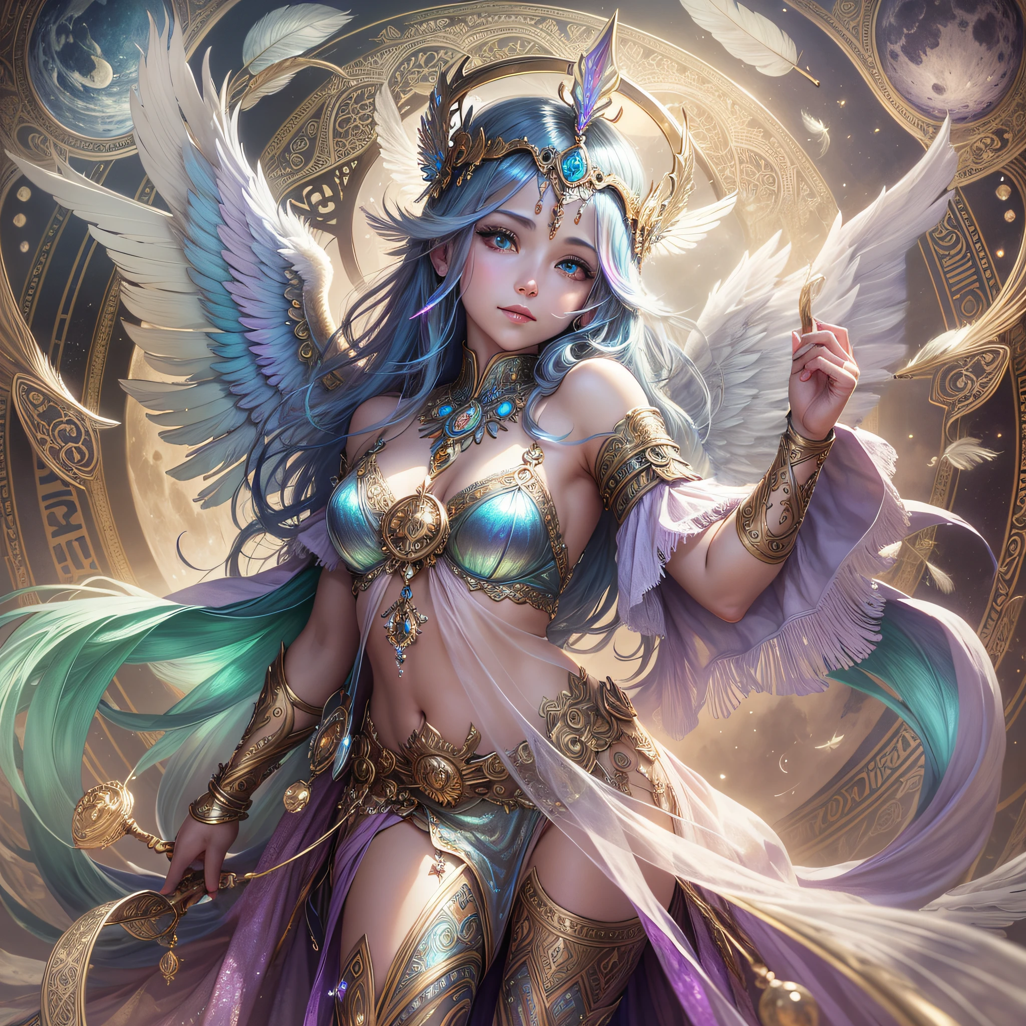 Anime - style illustration of a woman dressed as an angel with wings, moon goddess, beautiful sky magician, moon goddess, goddess of the moon, celestial goddess, astral fairy, astral witch clothes, as a mystical Valkyrie, moon themed clothing, ((a beautiful fantasy empress)), goddess of the hunt and moon, sky witch, anime goddess, 3D render character art 8K, 2.5D CGI anime fantasy artwork, hyper-detailed fantasy character, 8k high-quality detailed art, The face is incredibly detailed and depicted in high-resolution 3D graphics, the left and right wings look identical, beautiful face, gentle features, very detailed eyes