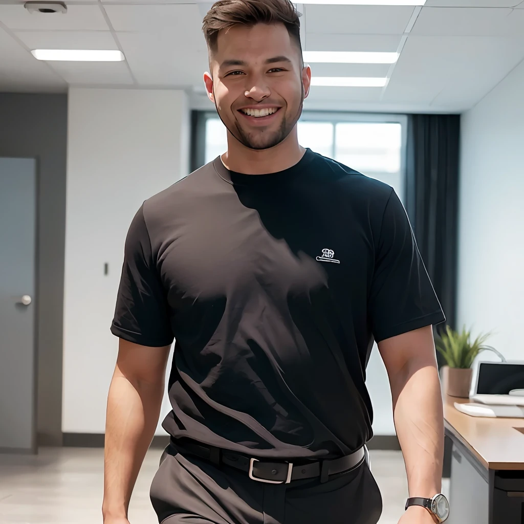 (8k, best quality, masterpiece:1.2), (realistic, photorealistic:1.37), ultra-detailed, 1 guy walking into the office with a smile on his face, an animated scene of a young man walking into a modern office building.