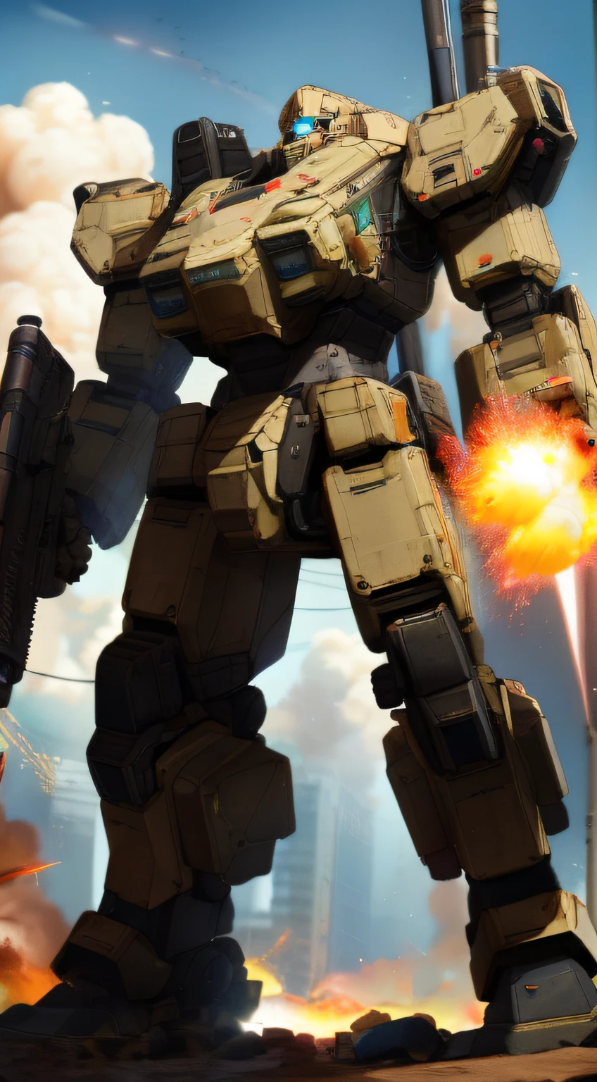 (MRS) ,super fine concept art, extremely detailed, a heavy mech, hard surface, hawken, sci-fi, battlefield, explosion, stray bullet