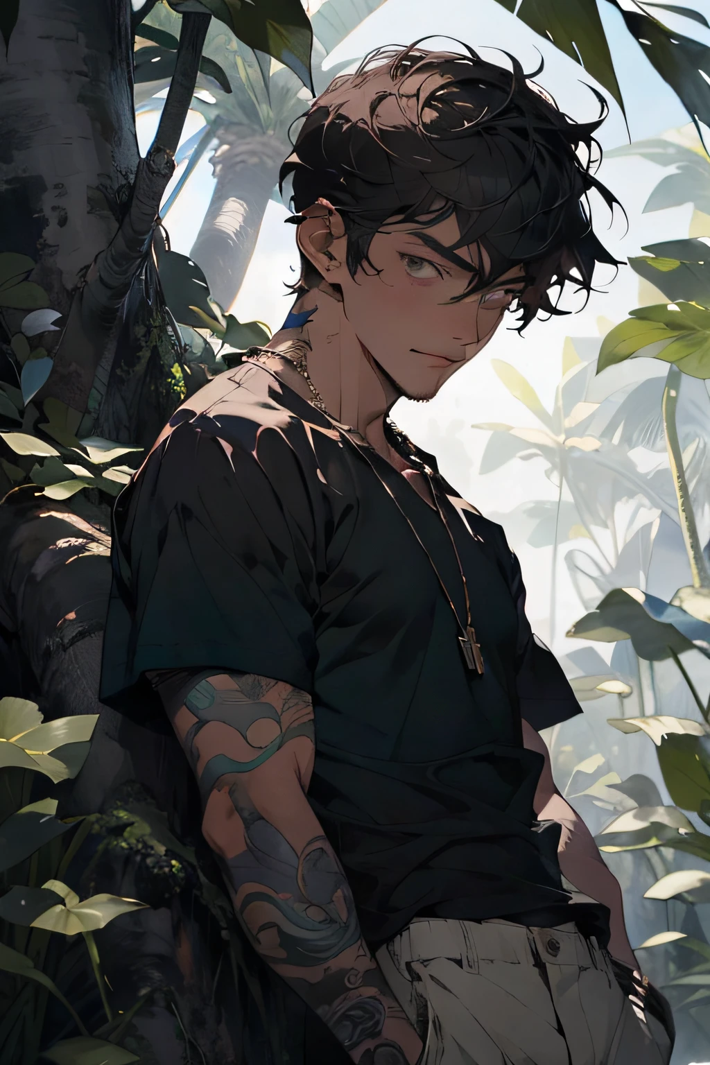 Realistic, (masterpiece, top quality, best quality, official art), very detailed, colorful, most detailed, god, short hair, black hair, handsome man, necklace, short sleeves, jungle