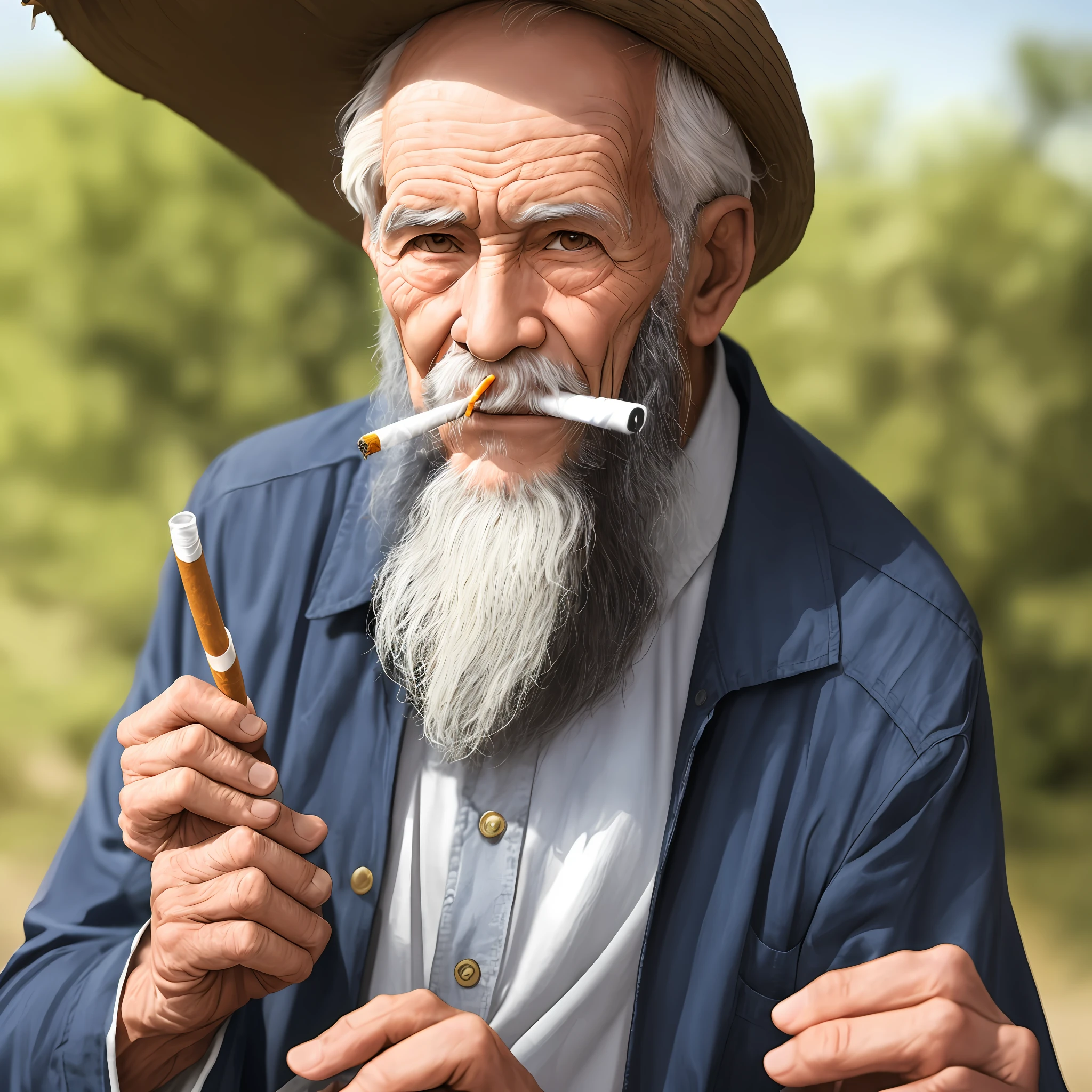 Elderly peasant man with beard with cigarette in his mouth --auto
