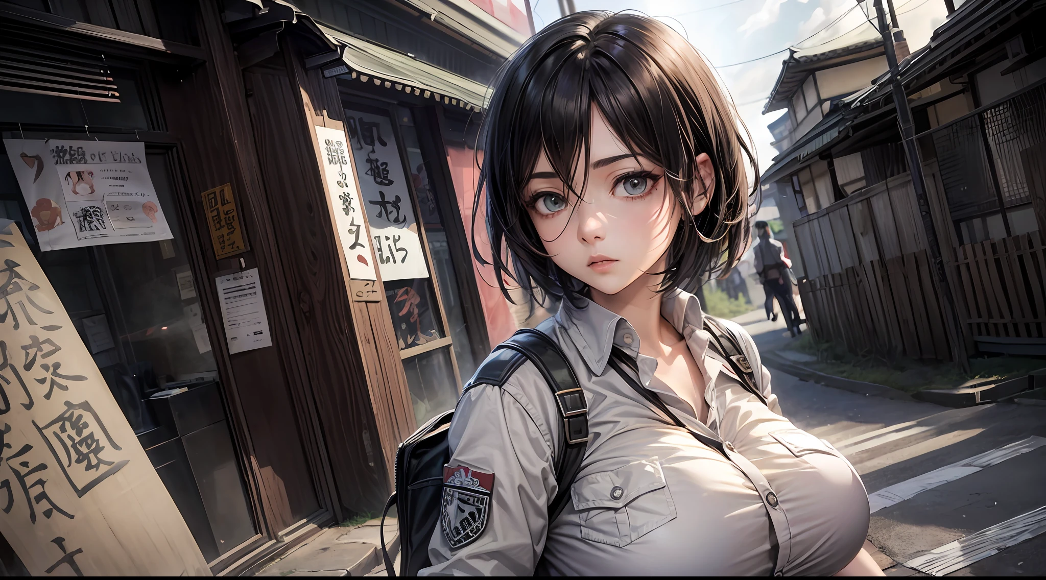 (Attack on Titan, Mikasa Ackerman), brown skin, (school uniform), (short black hair), young, cute, beautiful girl, perfect style, gigantic breasts, emphasizing cleavage, expressionless, realistic, photoreal, 8k, very detailed, highest quality, best quality, super high definition, masterpiece, one girl, ((background is Japan Asakusa, Kaminarimon)),