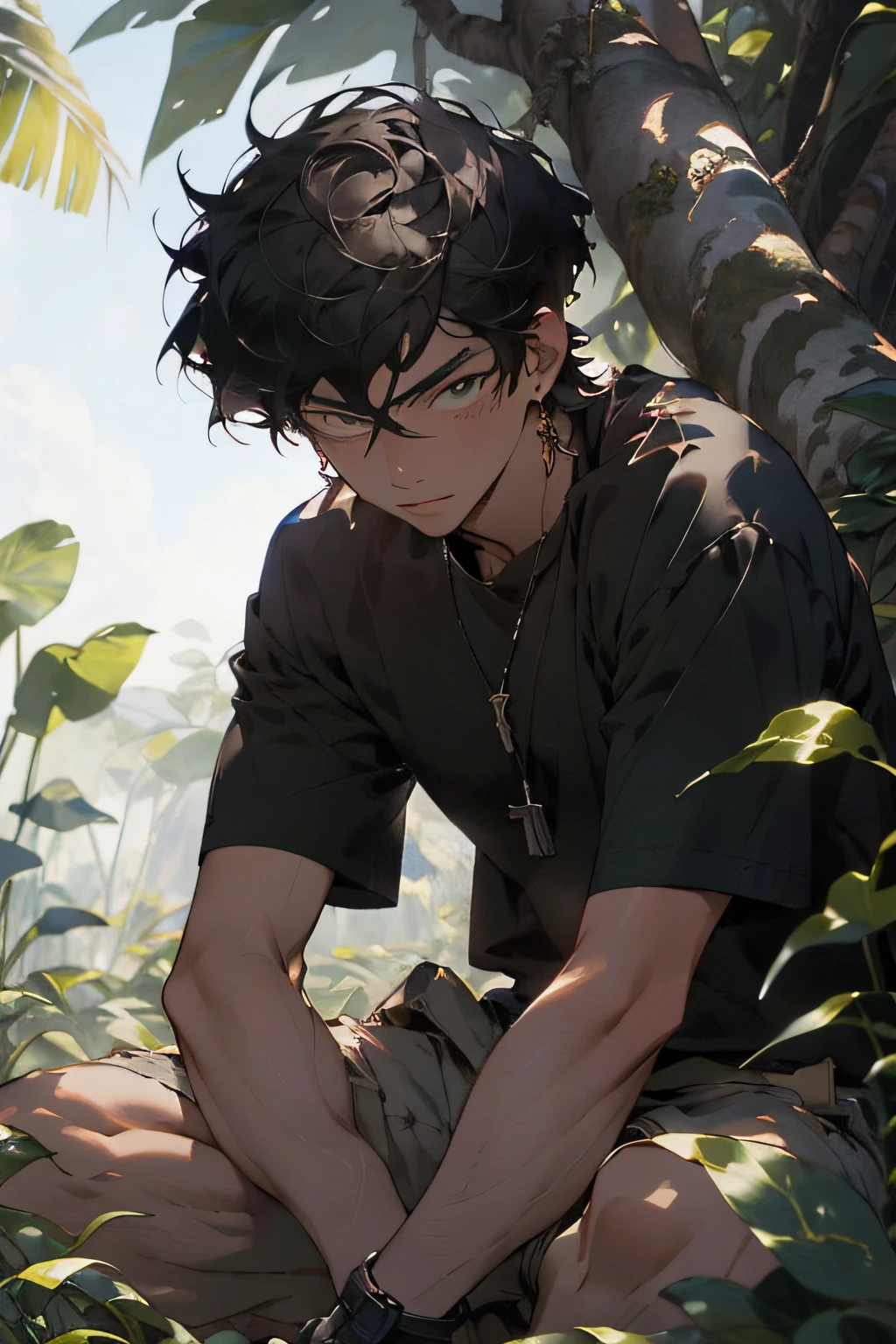 Realistic, (masterpiece, top quality, best quality, official art), very detailed, colorful, most detailed, god, short hair, black hair, handsome man, necklace, short sleeves, jungle