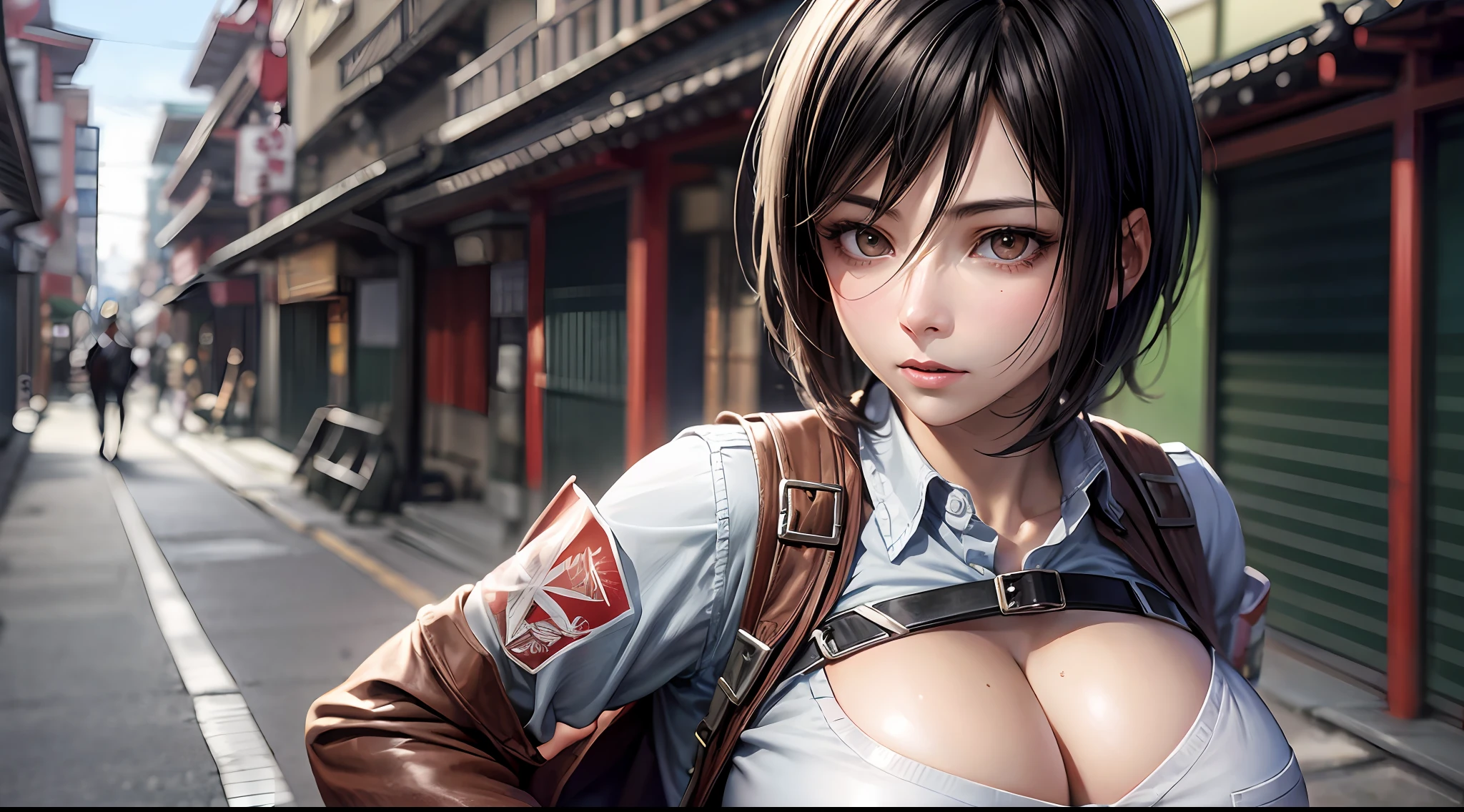 (Attack on Titan, Mikasa Ackerman), brown skin, (school uniform), (short black hair), young, cute, beautiful girl, perfect style, gigantic breasts, emphasizing cleavage, expressionless, realistic, photoreal, 8k, very detailed, highest quality, best quality, super high definition, masterpiece, one girl, ((background is Japan Asakusa, Kaminarimon)),