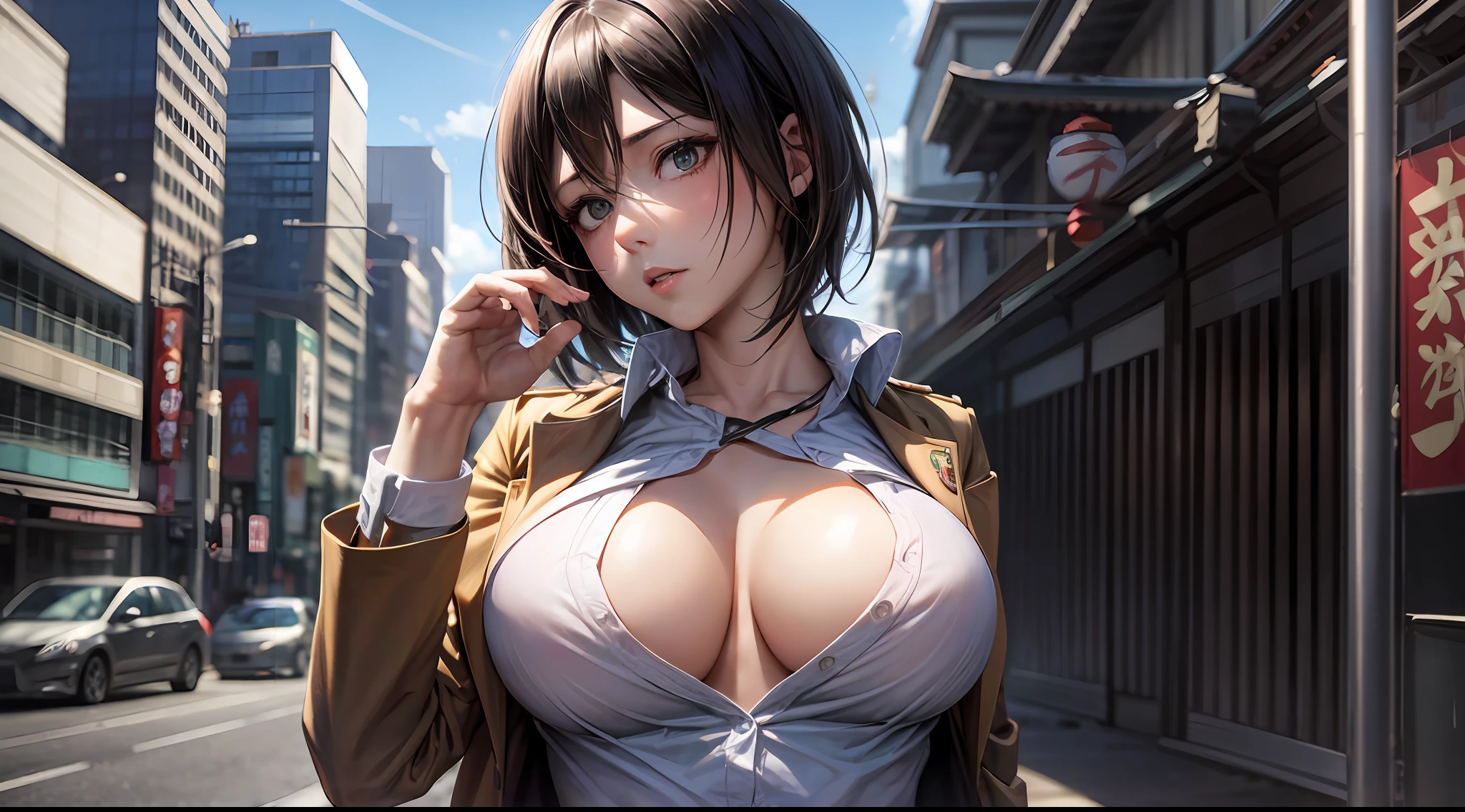 (Attack on Titan, Mikasa Ackerman), brown skin, (school uniform), (short black hair), young, cute, beautiful girl, perfect style, gigantic breasts, emphasizing cleavage, expressionless, realistic, photoreal, 8k, very detailed, highest quality, best quality, super high definition, masterpiece, one girl, ((background is Japan Asakusa, Kaminarimon)),
