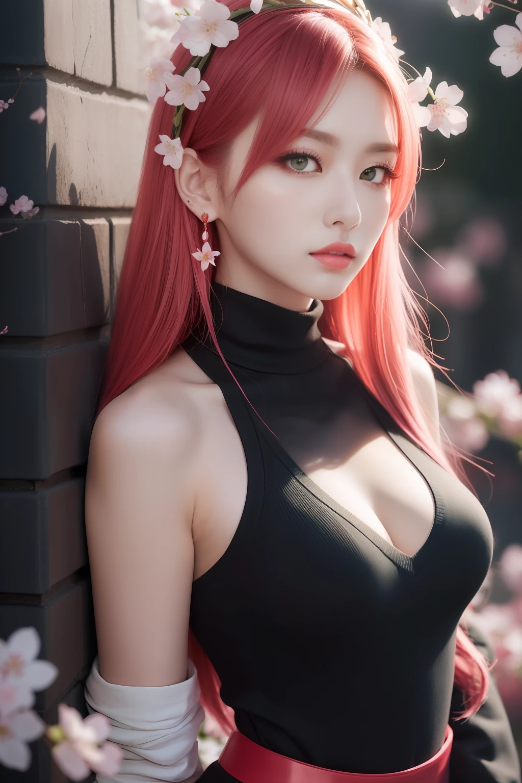 (Masterpiece, Excellent, 1girl, solo, complex details, color difference), realism, ((medium breath)), off-the-shoulders, big breasts, sexy, Yae Miko, long pink hair, red headdress, red highlight, hair above one eye, green eyes, earrings, sharp eyes, perfectly symmetrical figure, choker, neon shirt, open jacket, turtleneck sweater, against the wall, brick wall, graffiti, dim lighting, alley, looking at the audience, ((mean, seductive, charming)), ((cherry blossom background ))),((Japanese temple background)))), (((Glow-in-the-dark background)))