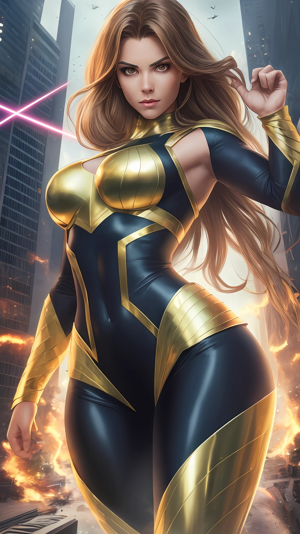 Woman, modern hero costume, gold costume, anti-matter motive costume, blond hair, anti-matter power around her, anti-matter power, in city, powerful, physic power,very detailed face, very detailed costume, very detailed photo, masterpiece, best quality, full body, flying pose, flying in the sky, laser eyes, anti-matter eyes, anti-matter power in body, comic realistic style, modern comic book style.