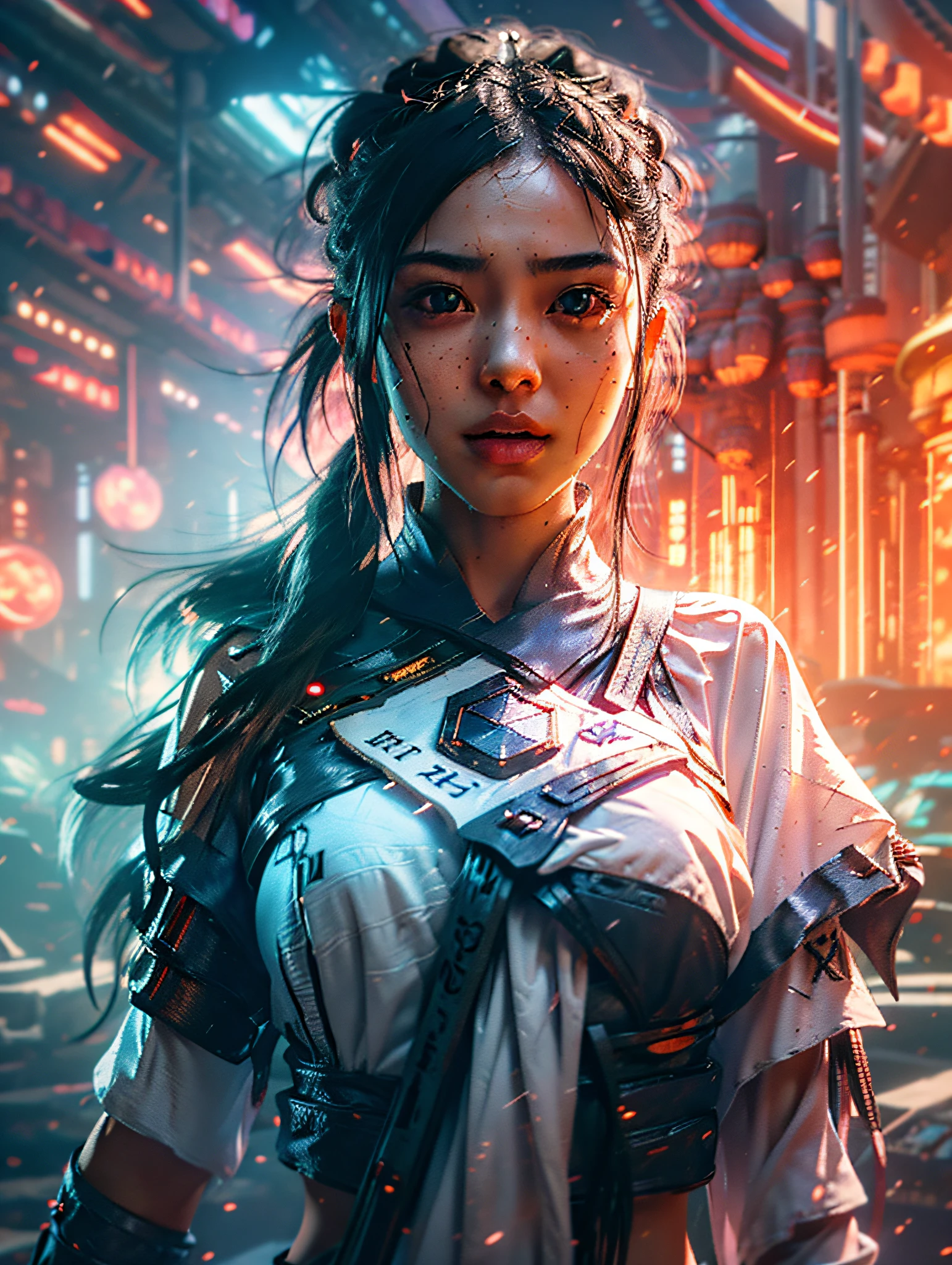 1 asian girl, half mechanical, multicolored hair, young, blindfold, serious, disdain, Cubist Futurism, depth of field, motion blur, from below, panorama, high quality, masterpiece, high details, 4K