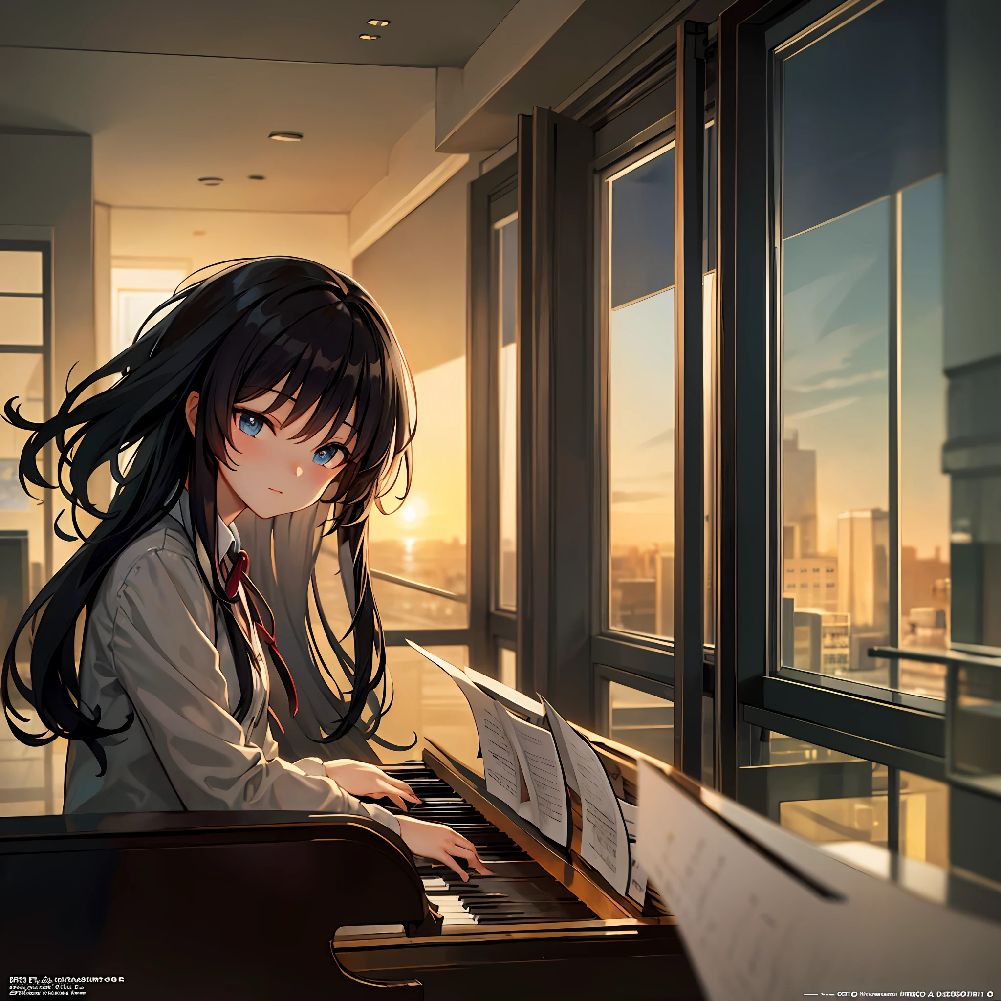 masterpiece,best quality,official art , At dusk, an 18-year-old girl was playing the piano with her eyes closed in the room