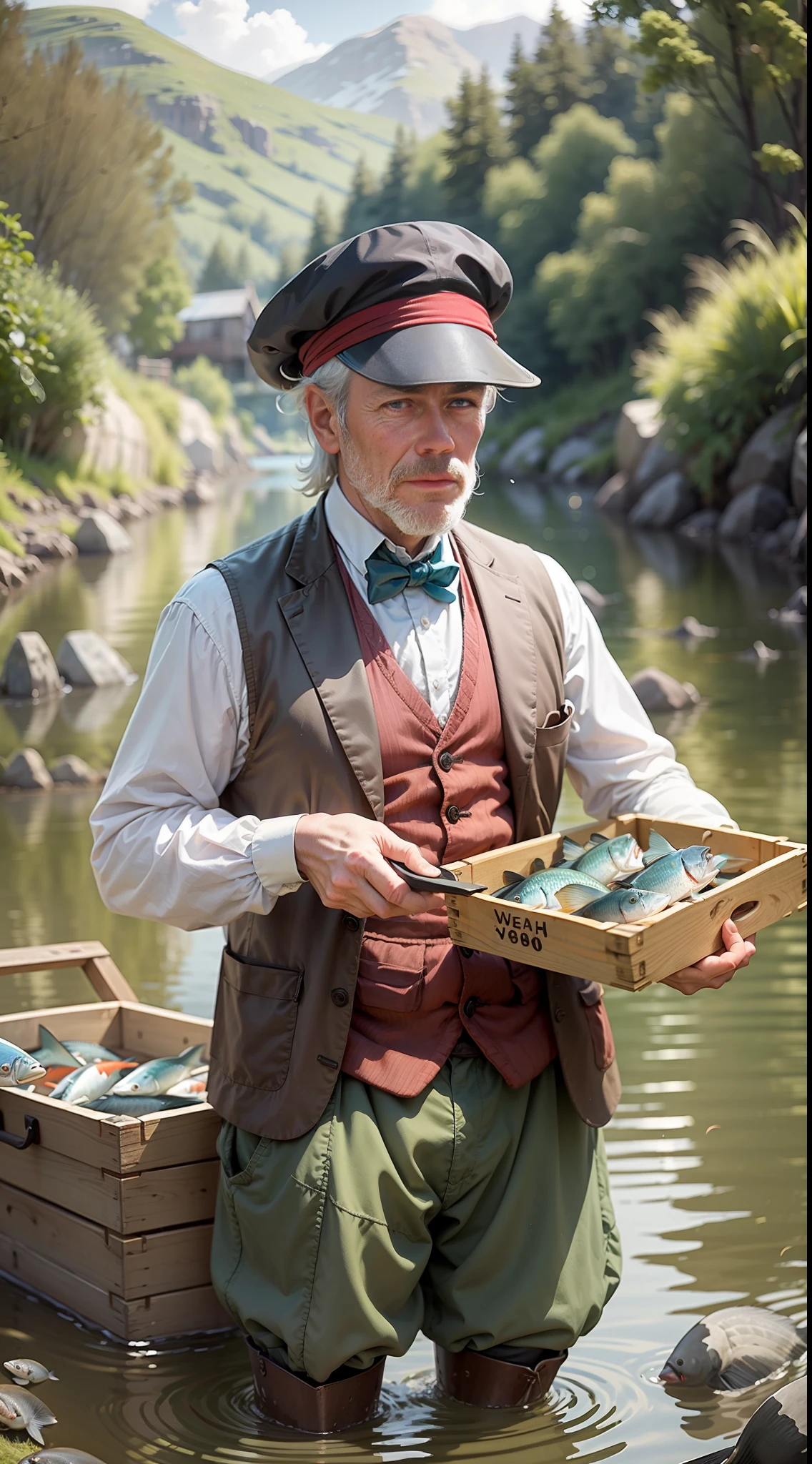 Scottish man from 1800s fishing at the river, year 1800, crates full of fish in the background, a lot of fish all around swimming in the river, abundance of fish
