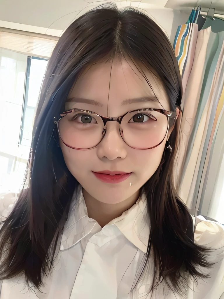 Cartoon style, Chinese woman posing for photo with glasses and white shirt, wearing glasses, wearing thin and large round glasses, medium hair, black hair, straight hair to shoulders, Chen Xintong, wearing small round glasses, Li Zixin, wearing glasses, Cheng Yanjun, Korean girl, thin makeup, delicate face, 27 years old