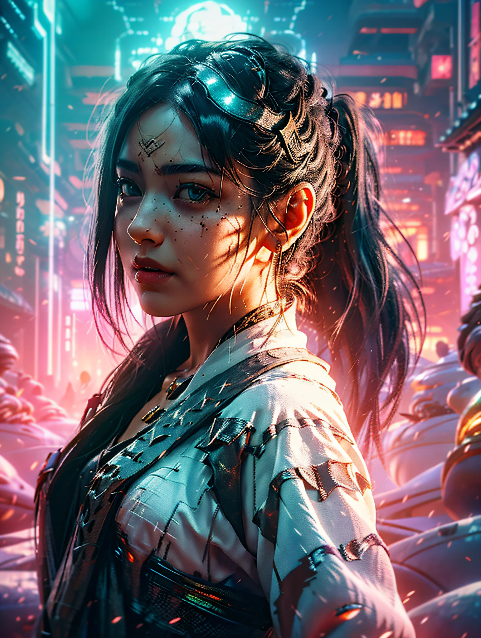 1 asian girl, half mechanical, multicolored hair, young, blindfold, serious, disdain, Cubist Futurism, depth of field, motion blur, from below, panorama, high quality, masterpiece, high details, 4K