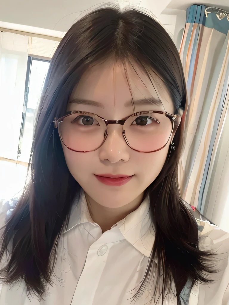 Cartoon style, Chinese woman posing for photo with glasses and white shirt, wearing glasses, wearing thin and large round glasses, medium hair, black hair, straight hair to shoulders, Chen Xintong, wearing small round glasses, Li Zixin, wearing glasses, Cheng Yanjun, Korean girl, thin makeup, delicate face, 27 years old