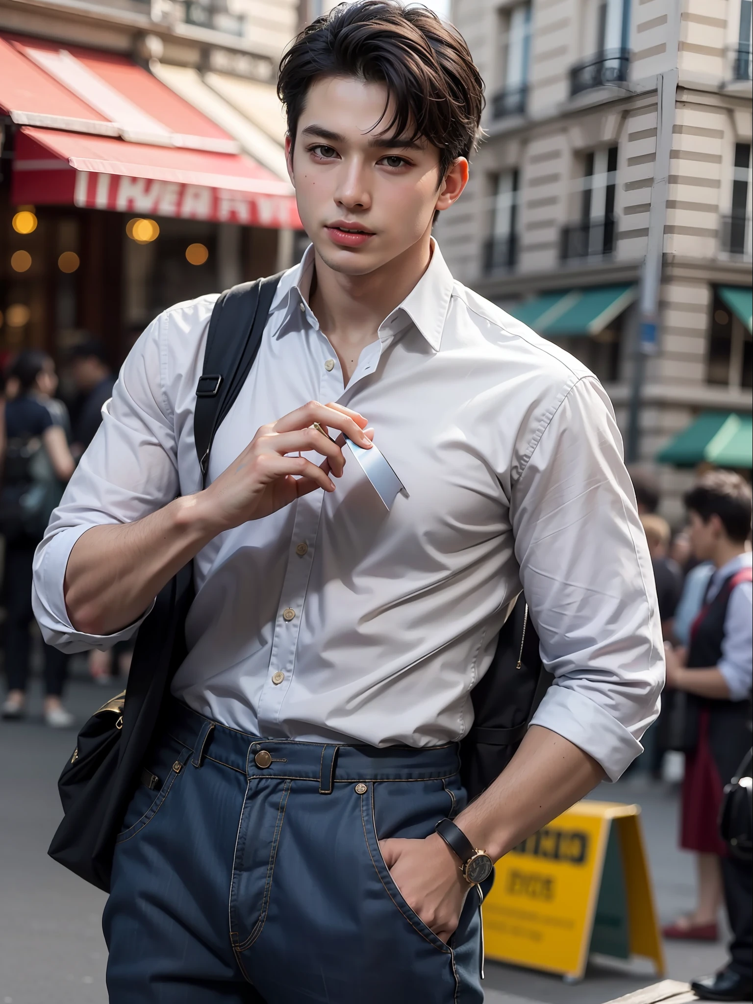 Boy, Happy, Perfect Quality, Clear Focus (Untidy - Home: 0.8), (Masterpiece: 1.2) (Realistic: 1.2) (Bokeh) (Top Quality) (Detail Skin: 1.3) (Intricate Detail) (8K) (Detail Eye) (Sharp Focus), (Happy) Full Body, Clean Background, Long Field of View Composition, 85MM Shot, Muscle, Masculine,1boy, Paris streets,shirts, eating lunch,restaurant