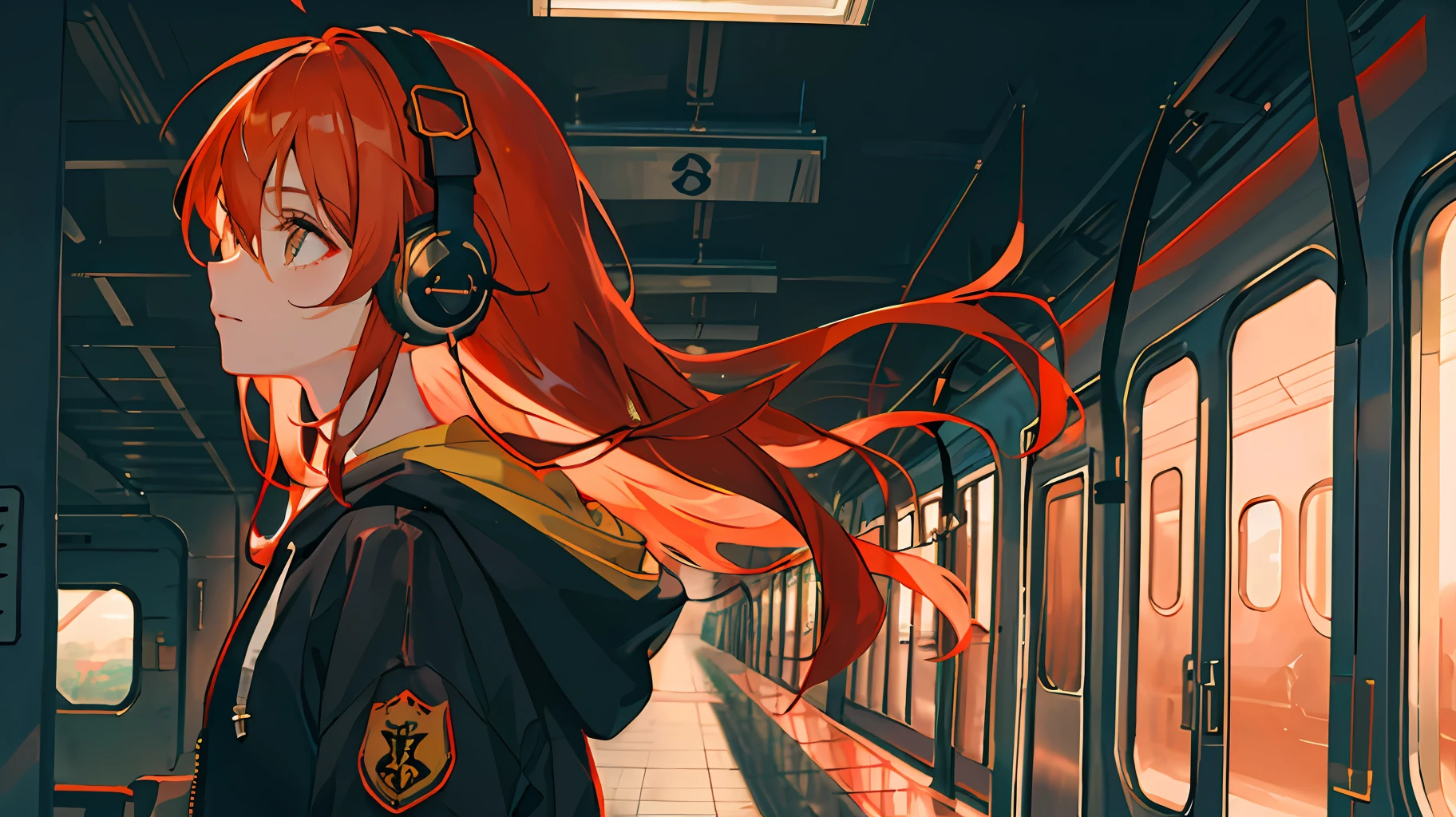 (masterpiece, sidelighting, ultra-detailed, finely detailed beautiful eyes: 1.2), 1girl, bag, building, from side, headphones, hood, hood down, hooded jacket, hoodie, jacket, long hair, orange hair, profile, red hair, solo, train, train interior, upper body, Masterpiece, best quality