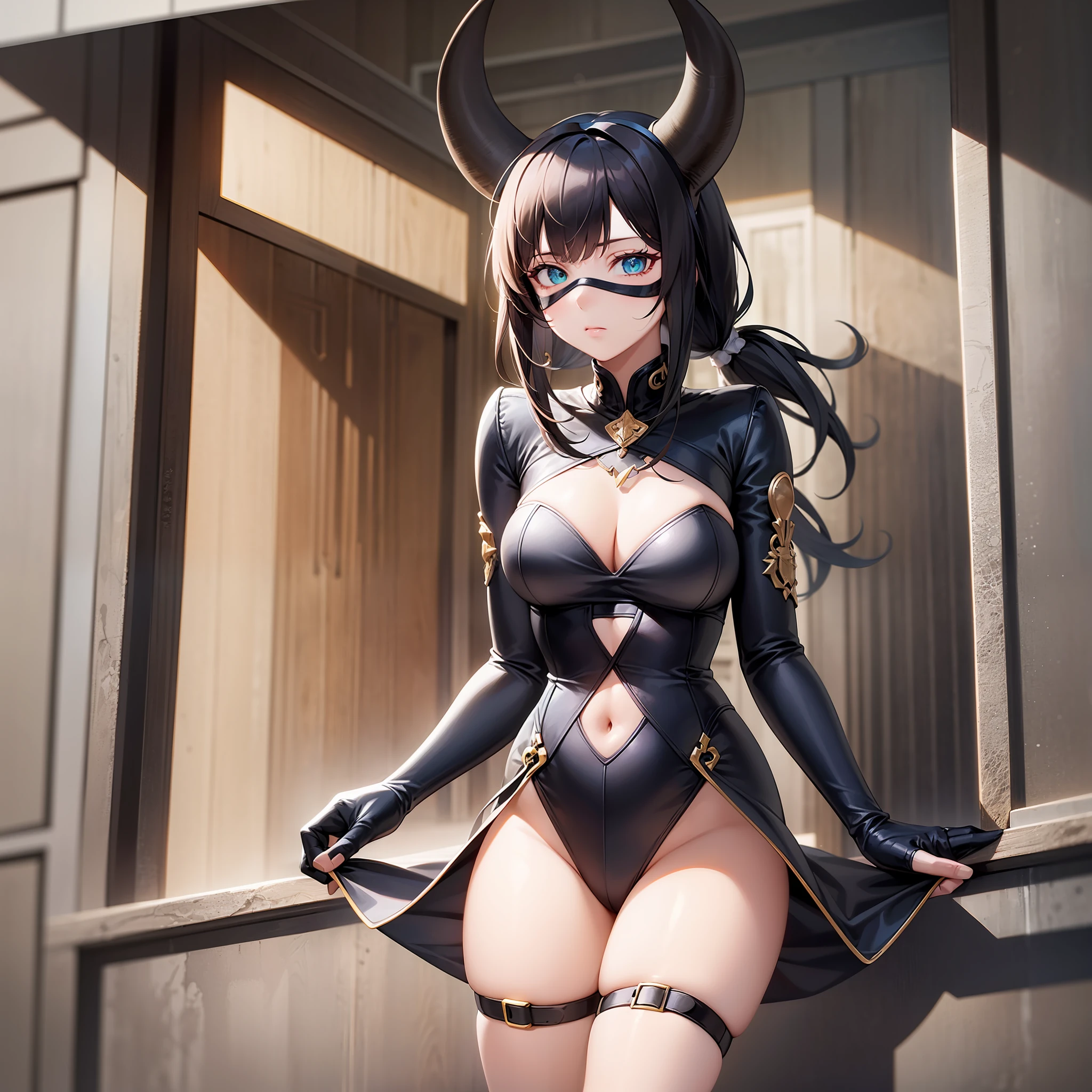 Girl, solo, black hair, mask, demon horns, crazy eyes, aqua eyes, artificial animal ears, goat ears, cute ears, sad, surrealism, diagram, collage, anime, realism, luminism, film grain, first person view, 8k, super detail, high detail, high quality, high resolution, accurate, anatomically correct, full body, nice legs