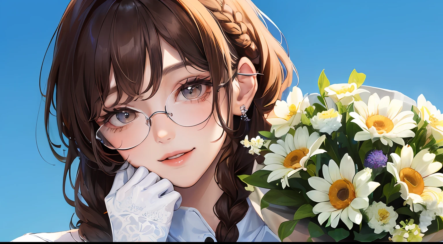 ((bouquet)), (((hide your face with a bouquet)))),(highest resolution, distinct_image) best quality,(((1 woman)))), masterpiece, very detailed, blue background, semi-realistic, glasses, brown hair, braid hairstyle, smile, bangs, 21 years old, mature, young, white shirt, outdoors, delicate facial features, facial features, mid-shot,
