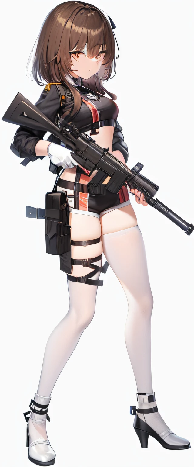 a woman in a uniform holding a gun and a bag, m4 sopmod ii girls frontline, girls frontline style, fine details. girls frontline, from girls frontline, gapmoe yandere grimdark, gapmoe yandere, girls frontline cg, with rifle, maple story gun girl, girls frontline universe, yandere intricate, female action anime girl, shooting pose --auto