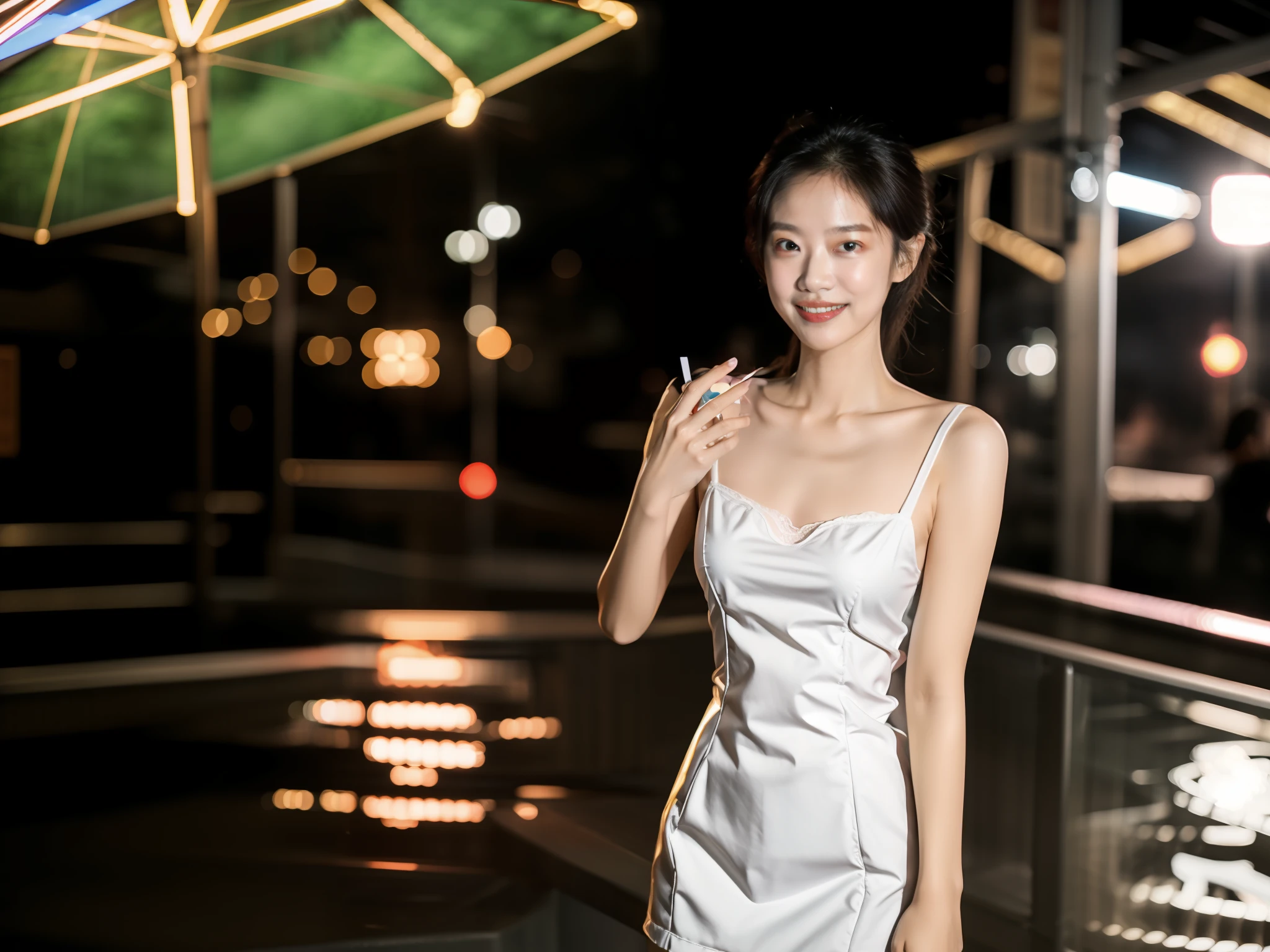 1girl, idol, model, depth of field, photo, film, face, skinny, smile, collarbone, teeth, movie, camisole, selfie, night,