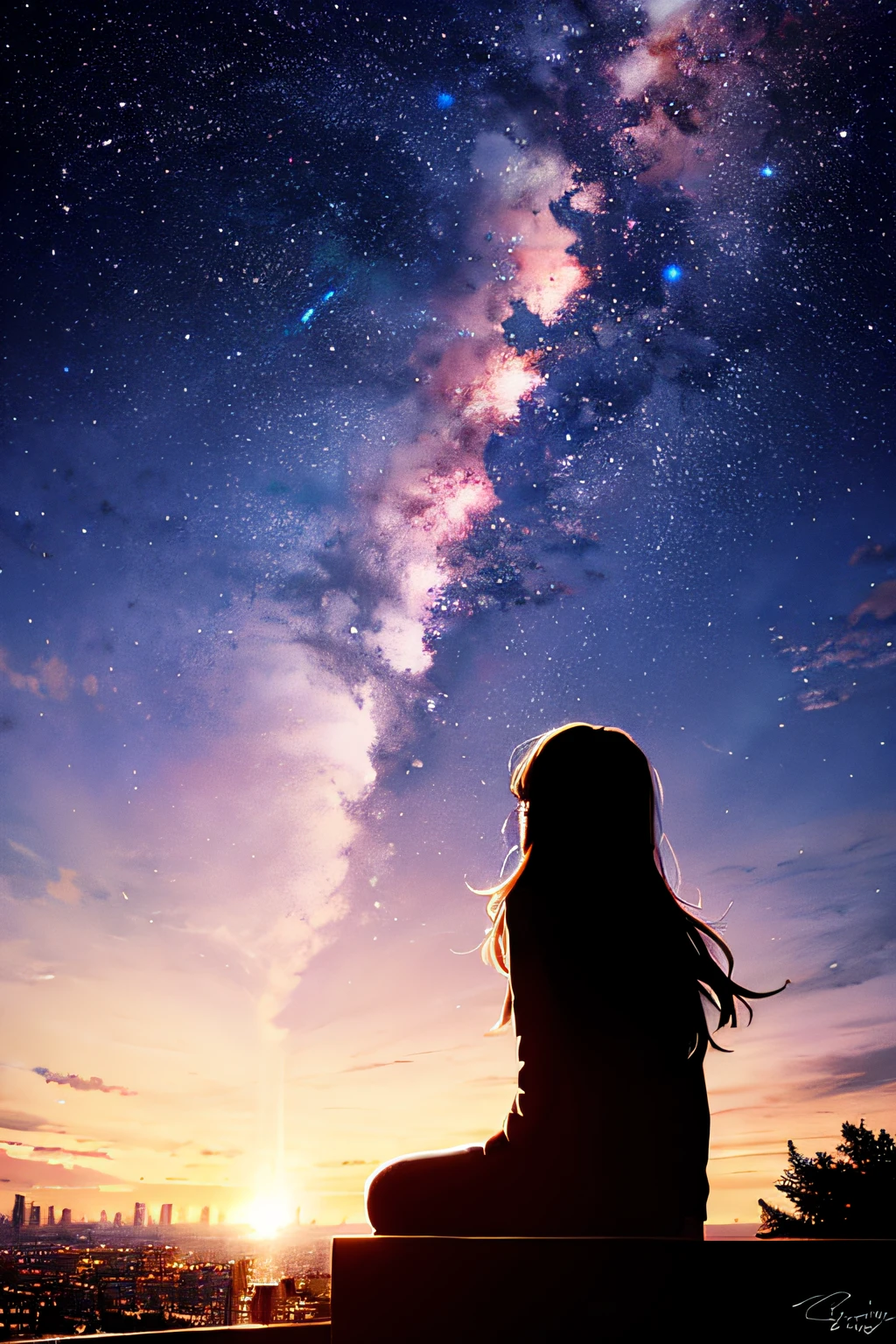 octane, sky, star (sky), landscape, starry sky, night, only child, night sky, solo, outdoor, signature, building, clouds, milky way, sitting, tree, long hair, city, silhouette, cityscape