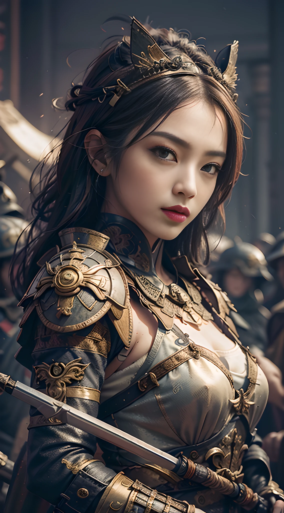 A Chinese sinister girl, seven-doppelganger shot, (Oriental Ancient Battlefield: 1.2), (weapon in hand: 1.2), vampire fangs, extreme quality, Cg unity 8k, super delicate, background blur, full depth of field, HDR high dynamics, real restoration, intricate and extreme detail, perfectly presenting the style of midjourney art. realistic, elegant, goddess, surrealism, high detail, supremacy, cinematic lighting, ray tracing, shadow, uhd, retina, masterpiece, ccurate, anatomically correct, textured skin, super detail, high detail, high quality, high quality, award-winning, best quality, high resolution, 1080P, 16k, 8k, 4K, HD