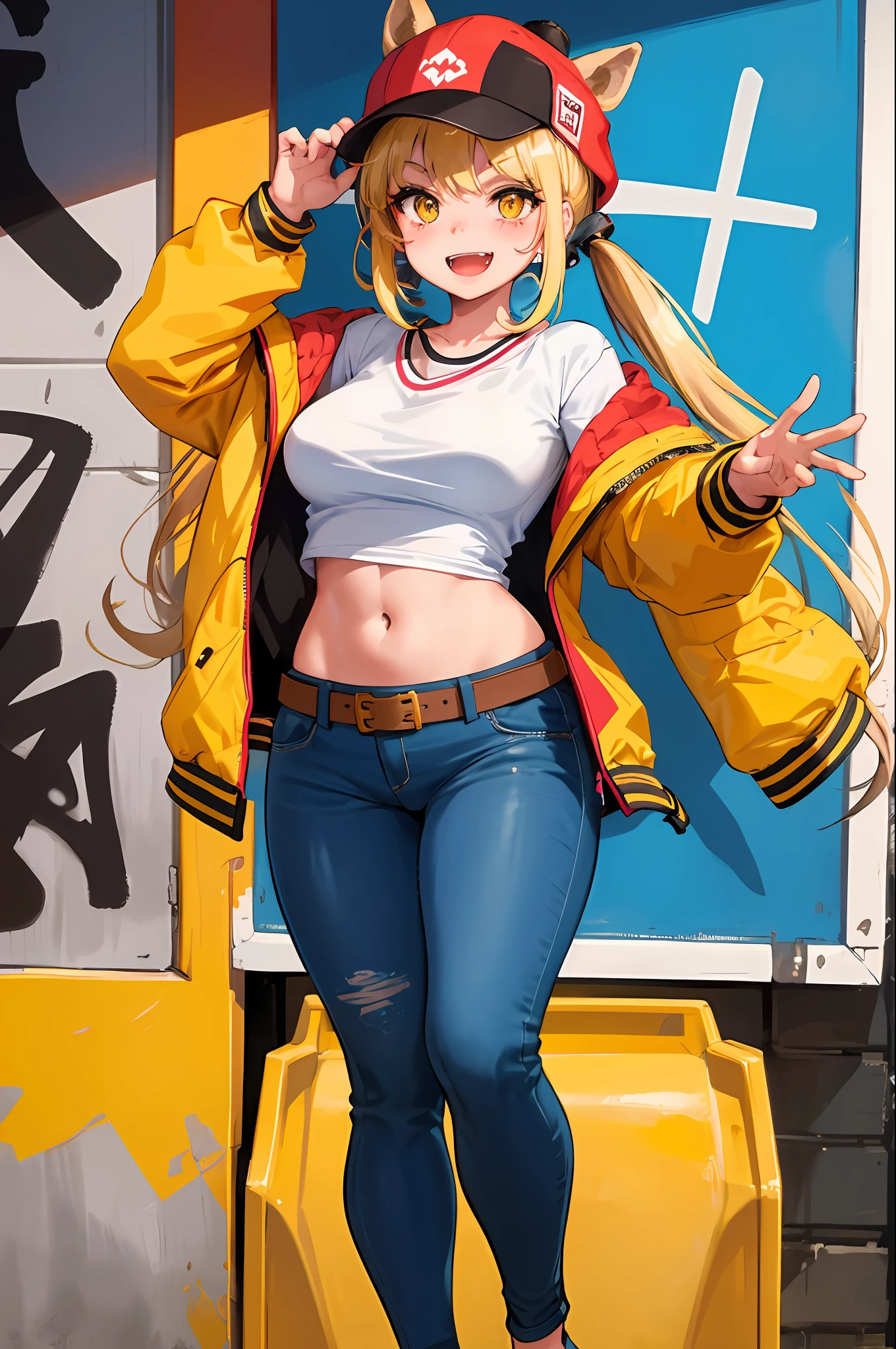 Original Character, Volumetric Lighting, Best Shadows, Shallow Depth of Field, Portrait Of Stunningly Beautiful Girl, Petite, Delicate Beautiful Attractive Face With Alluring Yellow Eyes, Messy Painted Face, Sharp Eyebrows, Broadly Smiling, Open Mouth, Fangs Out, Lovely Medium Breasts, Layered Long Twintail Blond Hair, Blush Eyeshadow, Thick Eyelashes, Applejack Hat, Oversized Pop Jacket, Mini Underboob Tee, Open Navel, Slim Waist, Denim Jeans Pants, With Buckle Belt, In The Graffiti Alley, Waste Container, Outside Stairs, Outdoor Unit, Holding Spray Paint Can, Standing, (Highest Quality, Amazing Details:1.25), (Solo:1.3), Brilliant Colorful Paintings