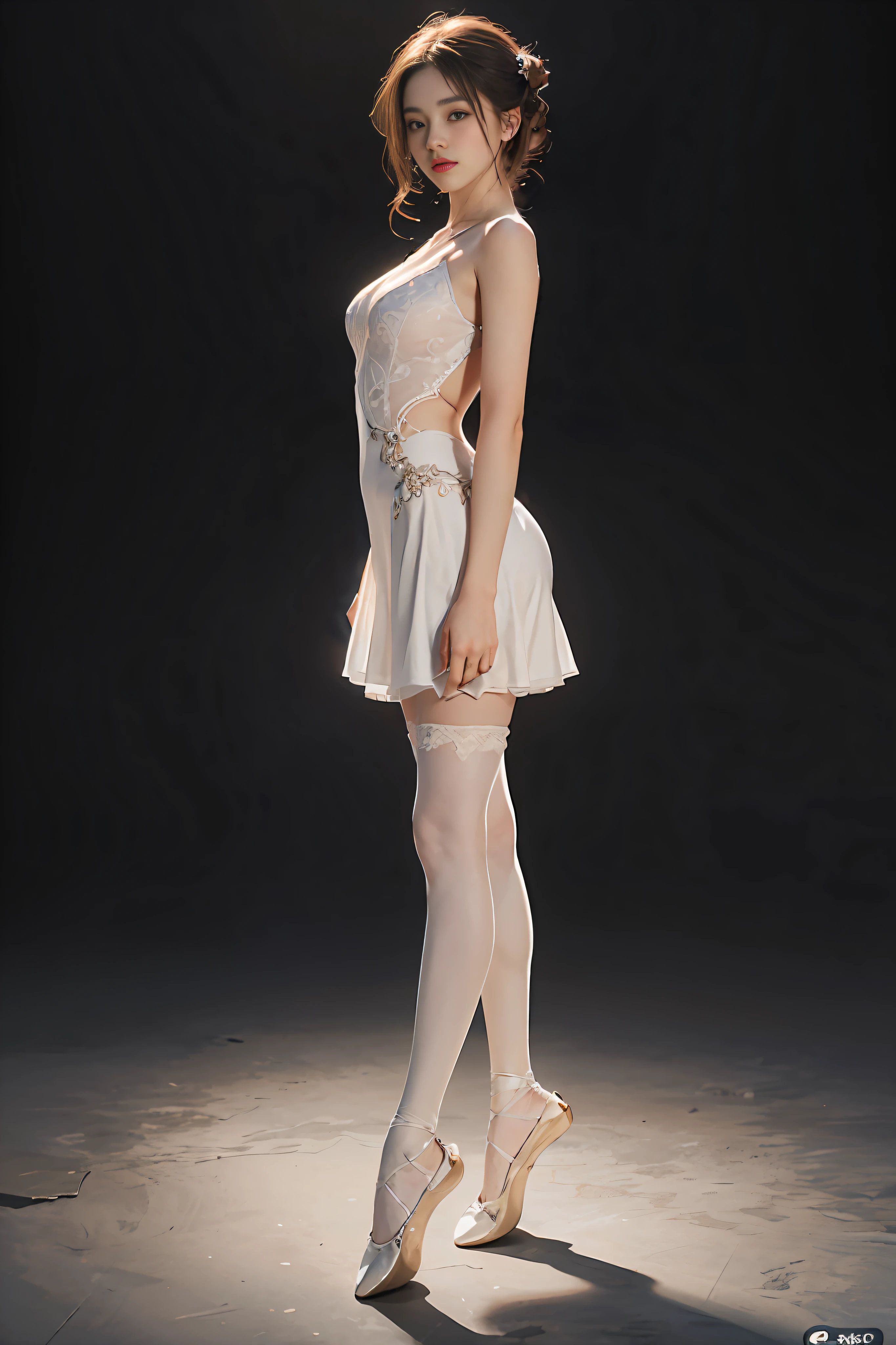 best quality, masterpiece, high resolution, 8K, (realistic: 1.4), super high resolution, 1 girl, super detailed, surreal, highly detailed CG illustration, official art, cinematic light, reality, young beautiful girl, full viewing angle, slim long legs, confident, beautiful, white ballet costume with white stockings,