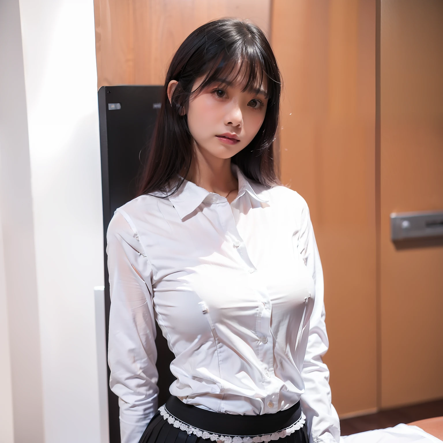 araffed asian woman in a skirt and white shirt posing for a picture, wearing a blouse, wearing white shirt, fine white shirt, wearing in shirt, clothed in white shirt, wearing a white button up shirt, wearing a white shirt, open shirt, wearing a white blouse, white blouse, wearing a light shirt, wearing tight simple clothes, white shirt