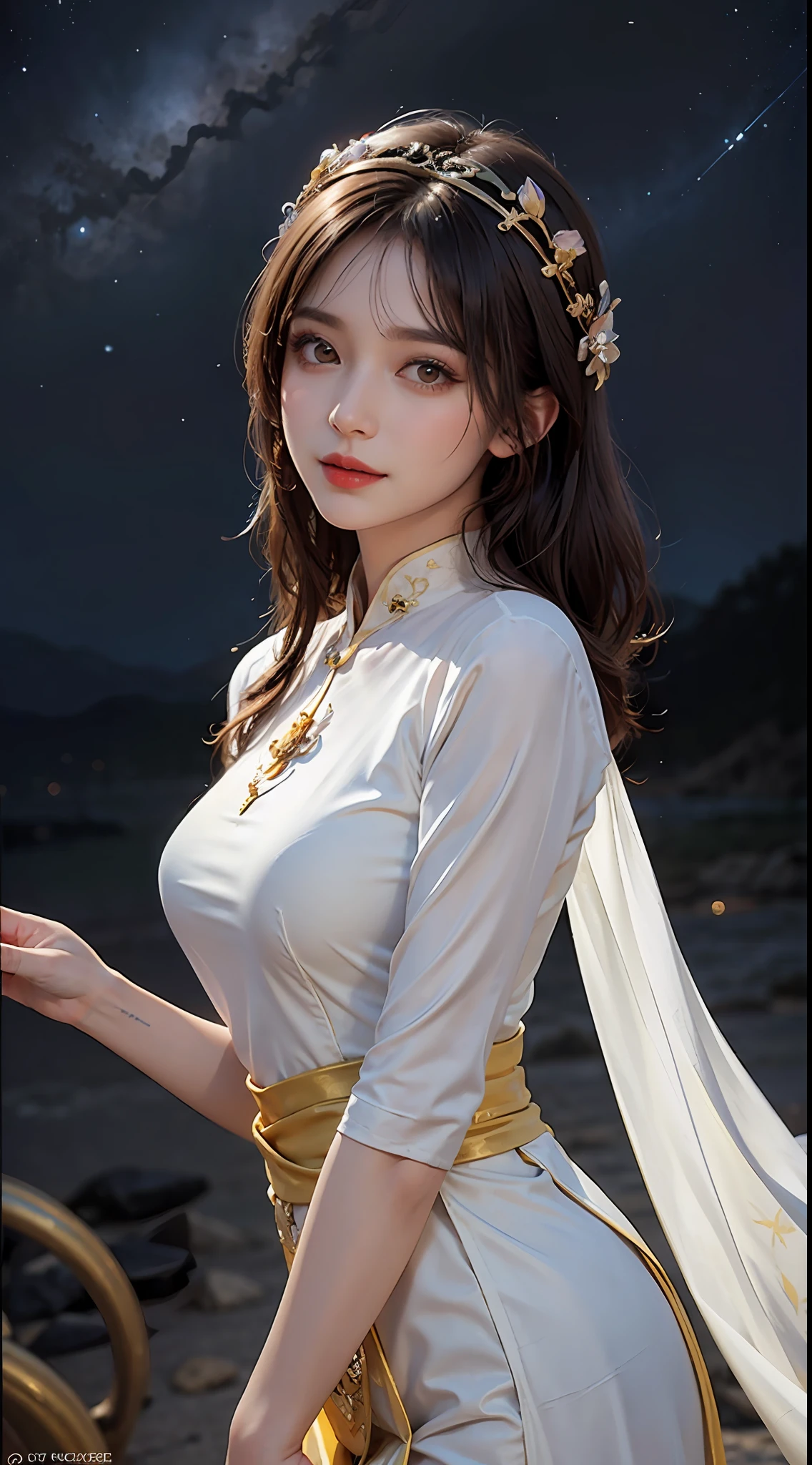 1 27-year-old girl, 1 zodiac goddess from the future, 12 zodiac goddess pink purple, 12 zodiac goddess wearing yellow silk long dress and pants, scarf and 12 royal ao dai detailed black lace, mythology Goddess of the 12 zodiacs from the future, zodiac ♏, luxury glittering zodiac style, dark and mysterious version, zodiac crown , red lipstick, thin and beautiful lips, a smile that captivates viewers, characters created by karol bak and pino daeni, intricate details, detailed backgrounds, extremely detailed, light magic, a woman wearing long silk clothes, clear face, long hair with flat bangs, beautiful face in detail and well-proportioned eyes, (transparent yellow eyes: 1.8), big round eyes and very beautiful and detailed makeup, foresight, long silk clothes, mysterious makeup, side bangs and dyed light blonde, upper half portrait, zodiac goddess portrait, arms hanging loose, Realistic and vivid photos, (stars that make up the zodiac: 1.7), (zodiac sky background and fictitious space and time portal: 1.8), fiction art, RAW images, photos hanfu, best photo, best quality photo, 8k quality, 8k ulta, super realistic, most realistic photo,