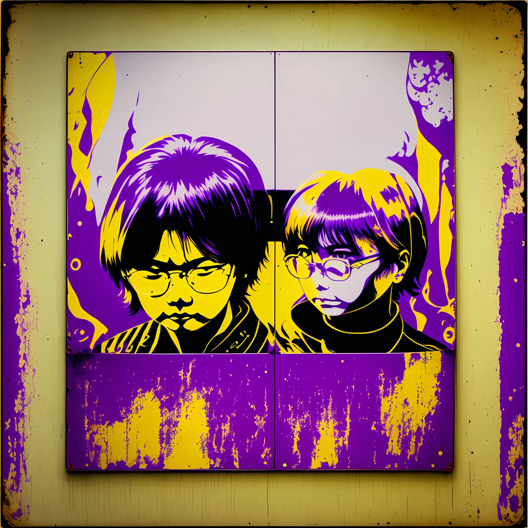arafed image of a purple and yellow sign c, photoshot, inspired by Tadanori Yokoo, yamamoto, yoshitaka, by Yanagawa Nobusada, album cover, inspired by Yasutomo Oka, photoshoot, album cover!, yoshitaka amano photorealistic, music album art --auto