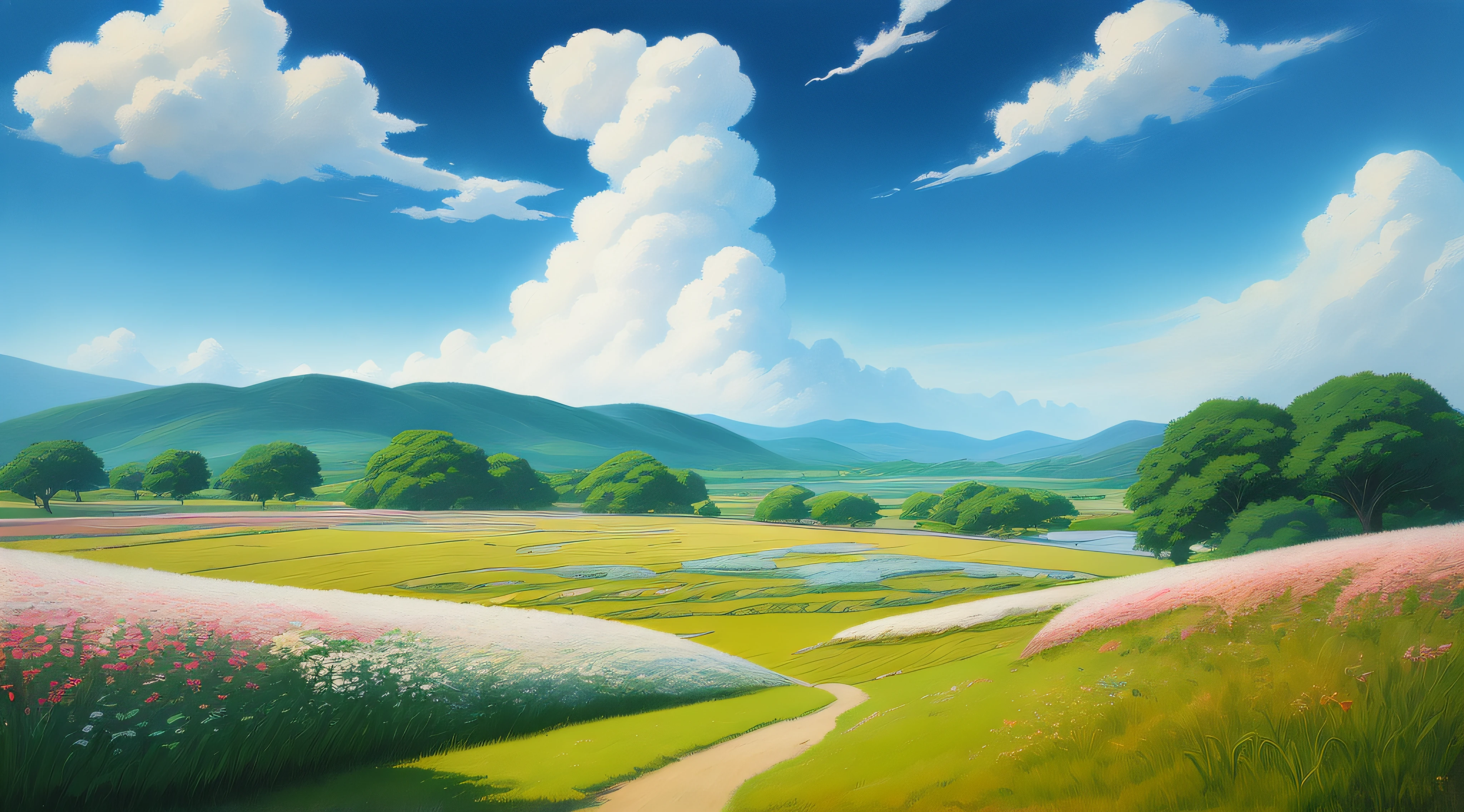 Realistic, authentic, beautiful and amazing landscape oil painting Studio Ghibli Hayao Miyazaki's petal grassland with blue sky and white clouds --v6