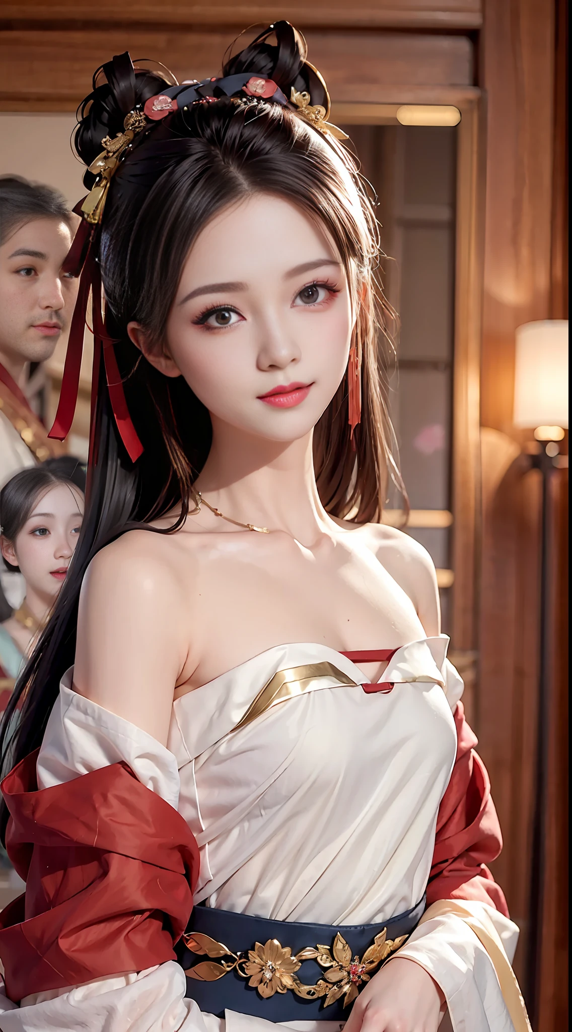 Masterpiece, best quality, upper body, 1 girl, (beautiful face), realistic, long hair, black hair, (hair bow), (small breasts), (off-the-shoulder), (outside the breasts), (flick), hanfu, look at the audience, hanfu, face the audience, light smile