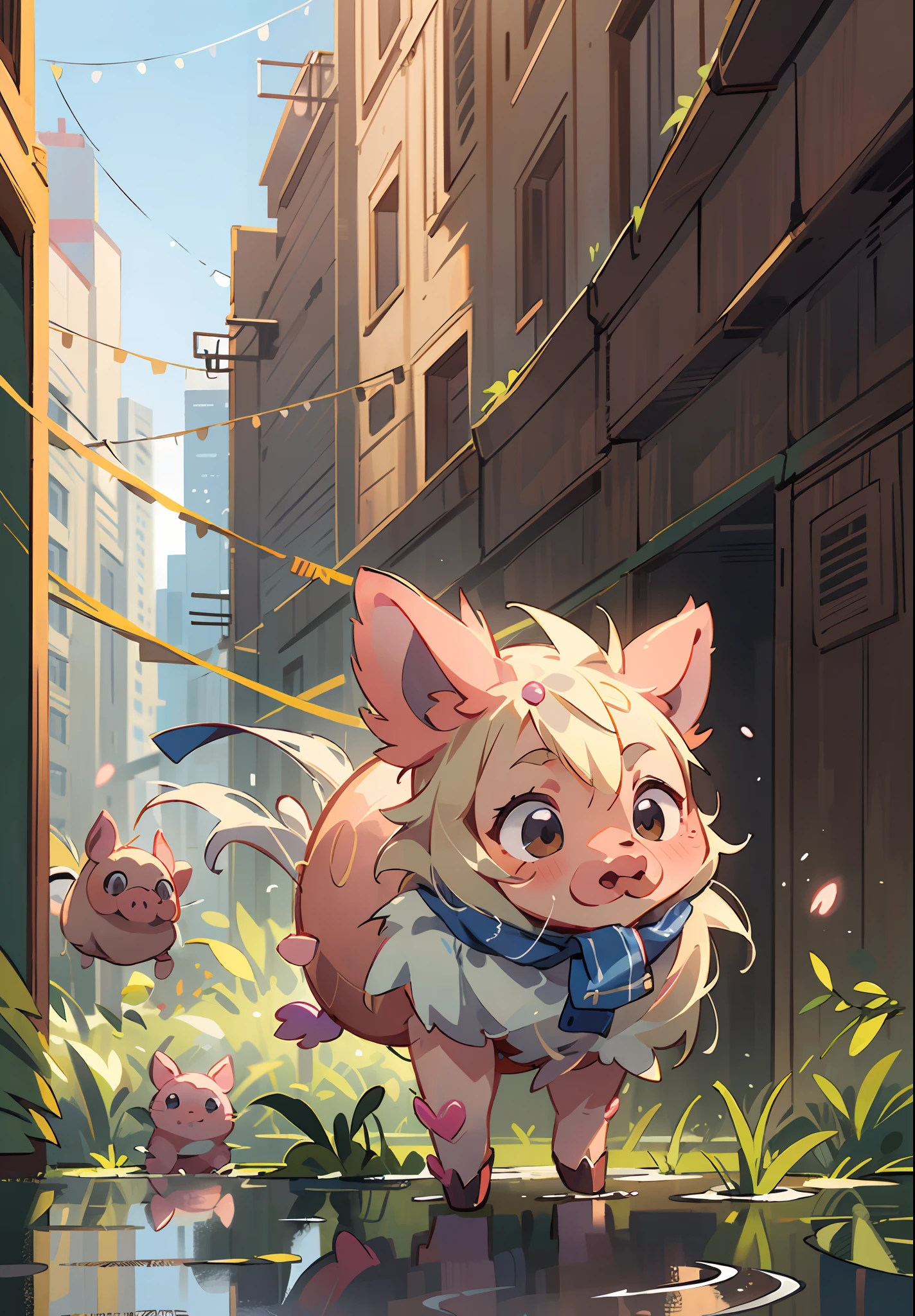 (masterpiece, top quality: 1.3), reflection, highly detailed, (highly detailed CG Unity 8k wallpaper), cinematic lighting, detailed background, dramatic, cute one girl saves micro pig, healing, crowd,