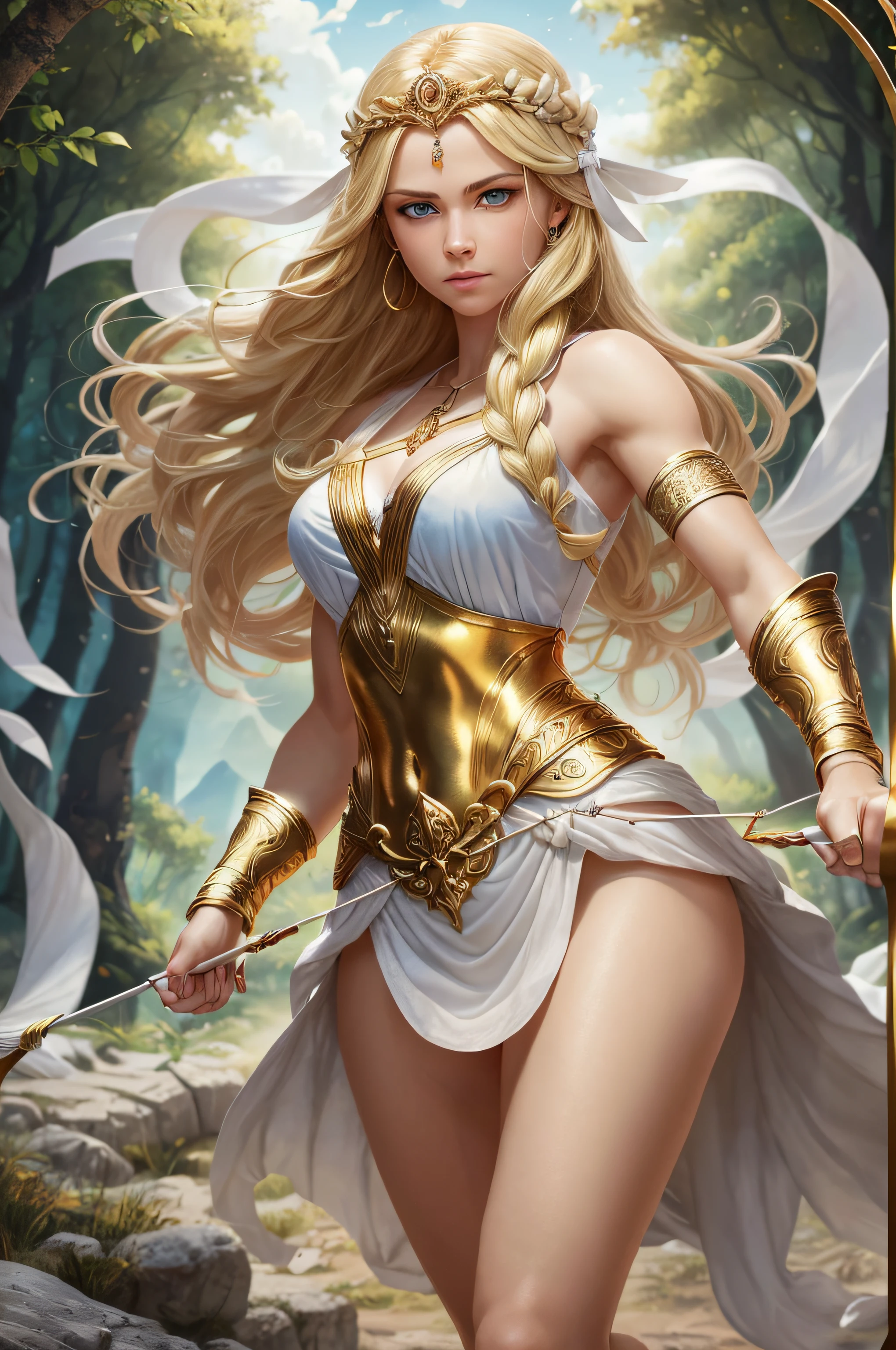 Young goddess of wild nature and hunting, With (((blonde hair))) and (((blue eyes))), Is stunningly beautiful, Is fair-skinned, Is slender and tall, Shows off her pair of perfect long legs, Wears {a sleeveless, (very short: 1.7), (white:1.5), greek chiton, with golden borders}, Abs, "looks stern and determined", Is holding ((a golden bow)), ((Is running and chasing her prey)), Archery, Mythical Arcadian mountains and forests, Greek mythology, vibrant and lively atmosphere, photorealistic, super high quality, super detail, ultra accurate description of hands, masterpiece, 8K, HDR