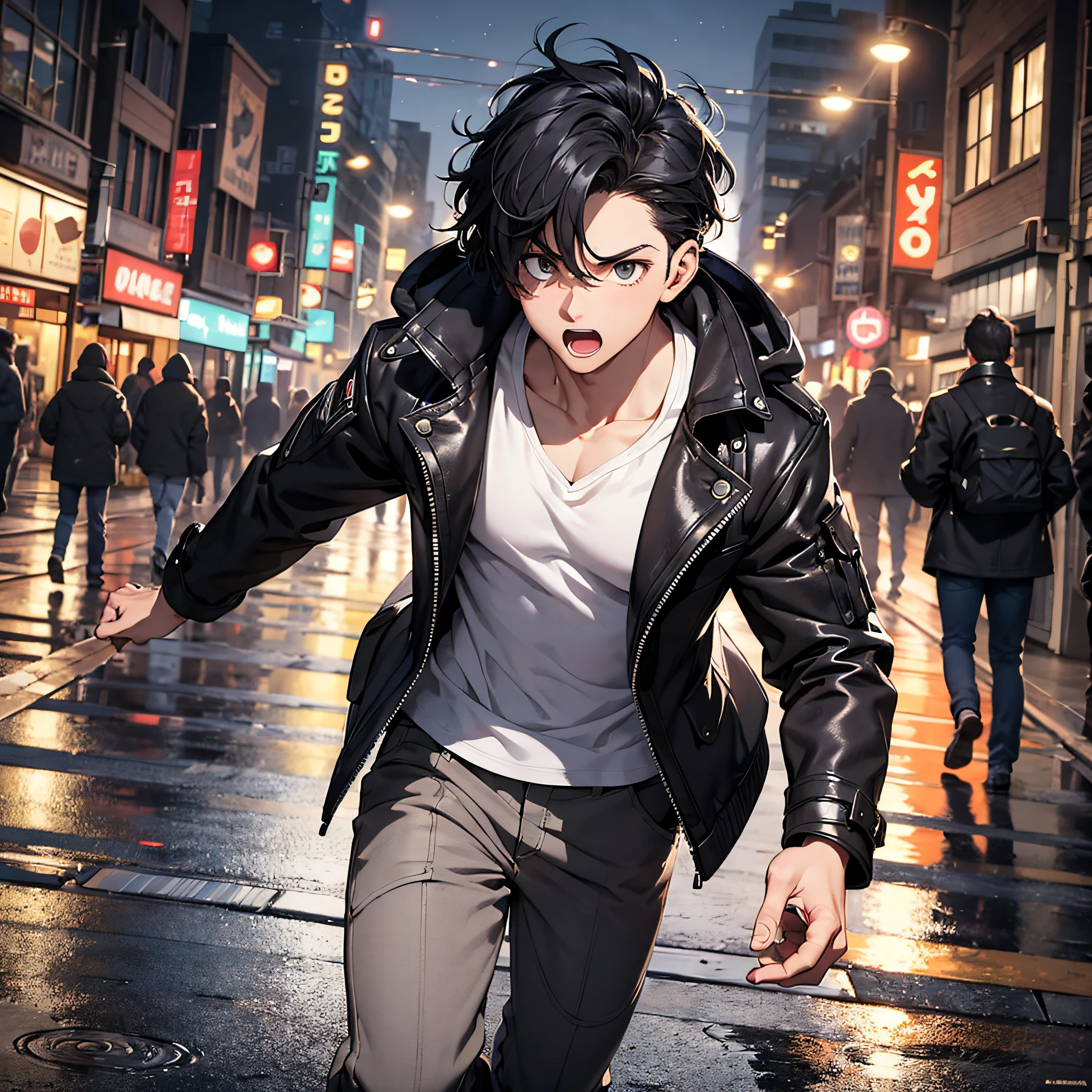 Absurd resolution, high resolution, (masterpiece: 1.4), hyper-detail, night, young man with messy short black hair, wearing a black coat, surprised expression, in the middle of an empty street, running