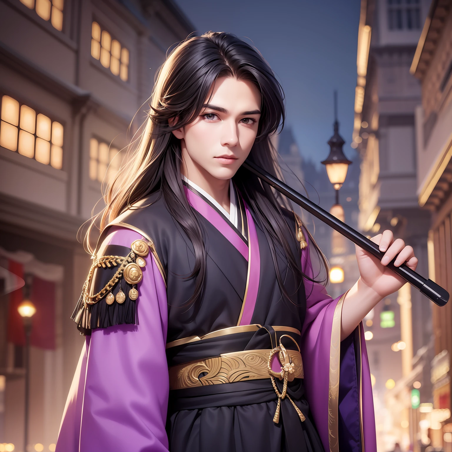 (Masterpiece) 8K resolution, top quality, handsome young man raking hair, beardless, jet black long hair, purple eyes, model style, hanbok, kind face, night scene, fantasy style