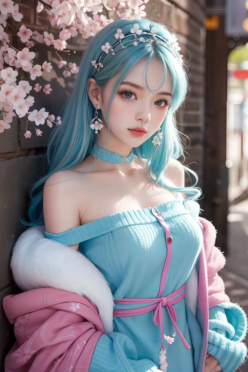 (Masterpiece, Excellent, 1girl, Solo, Intricate Details, Color Differences), Realism, (Medium Breath)), off-shoulder, Big, Sexy, Yaemiko, Long light blue hair, Silver headdress, red highlights, hair above one eye, Green eyes, Earrings, Sharp eyes, Perfectly symmetrical figure, Choker, Neon shirt, Open jacket, Turtleneck sweater, towards the wall, brick walls, graffiti, dim lighting, alleys, looking at the audience, ((meaningful, enchanting, fascinating)), (cherry blossom background))), Japan(glittering background)))