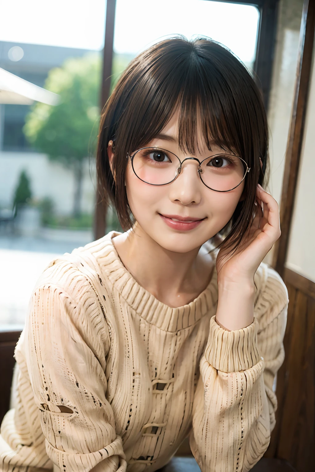 Japan girl in casual clothes, looking at the viewer, posing with a smile (highest quality, masterpiece))), high resolution, very detailed, masterpiece, cinematic lighting, (8K, highest quality, masterpiece: 1.2), (realistic, photorealistic: 1.37) Hi-Res, Super Detail, 1 Girl , Woman with Glasses, Thin Frame Round Glasses, Light Color Glasses Frame, Asian, Cute, cute face, solo, short hair 1.2, textured skin, beautiful smile, beautiful detailed sky, detailed café, night, movie lighting, depth of field, lens flare light, sitting, dating, (blushing), (smile: 1.15), small breasts (mouth closed), eyes with beautiful details, (sweater: 1.1), night, (short hair: 1.2), floating hair Nova Frog style,