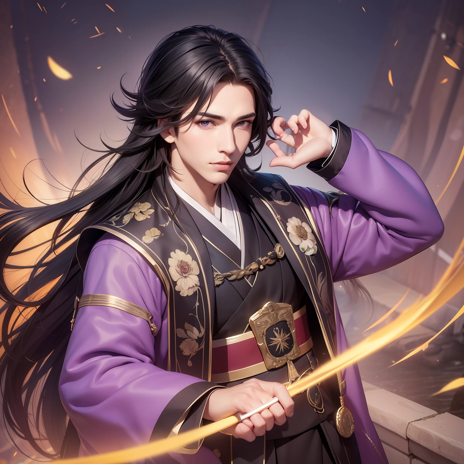 (Masterpiece) 8K resolution, top quality, handsome young man raking hair, beardless, jet black long hair, purple eyes, model style, hanbok, kind face, night scene, fantasy style