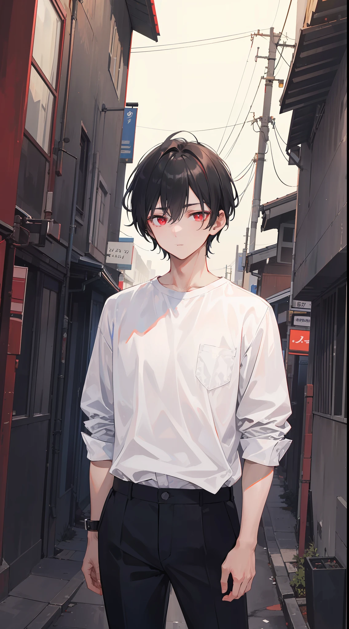 ((masterpiece, best quality, more detail)), ((1man)), a man 22 years old with pitch black hair with bright red eyes wearing a white shirt and black trousers was standing in a lonely alley in the middle of the night, slightly stocky body