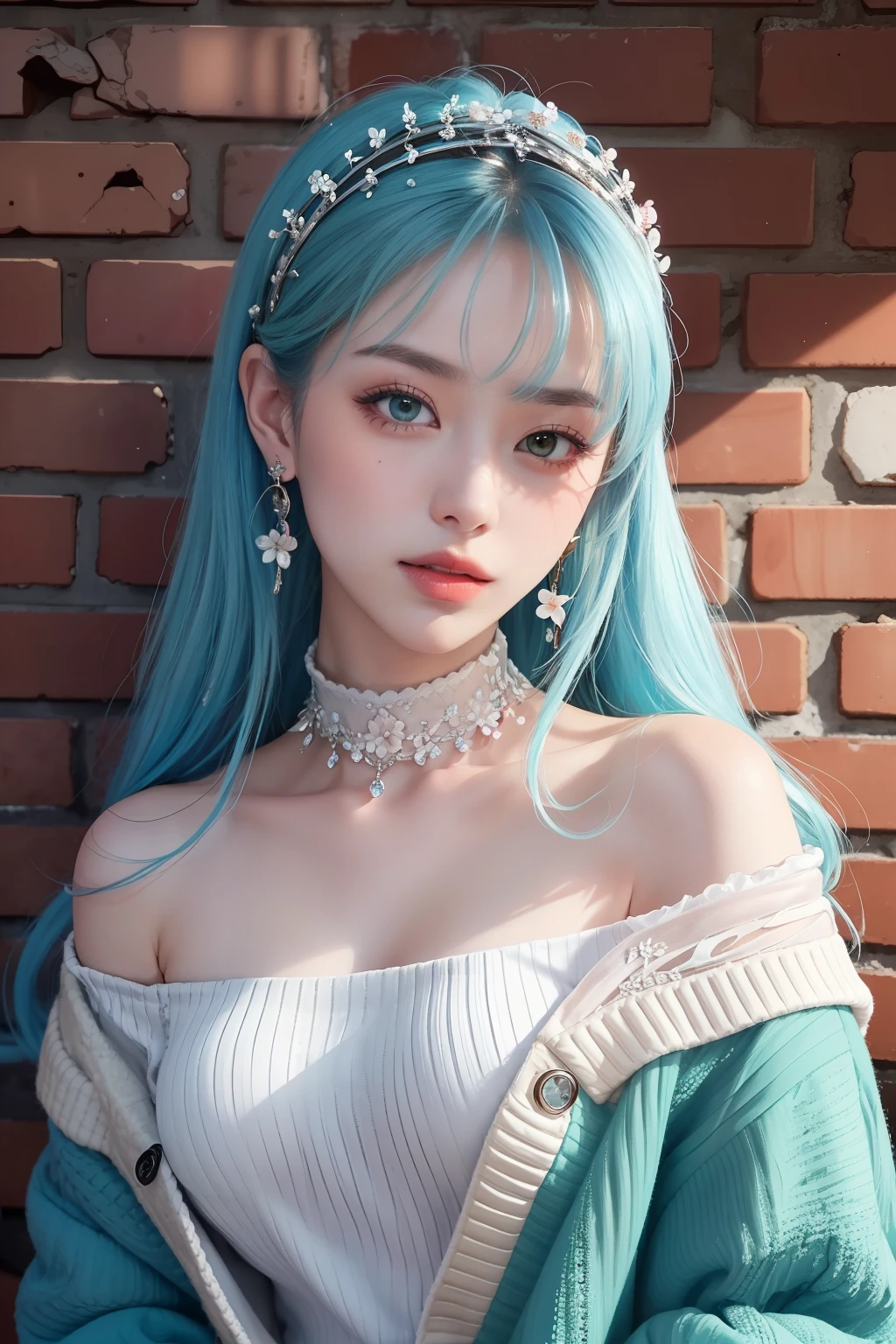 (Masterpiece, Excellent, 1girl, Solo, Intricate Details, Color Differences), Realism, (Medium Breath)), off-shoulder, Big, Sexy, Yaemiko, Long light blue hair, Silver headdress, red highlights, hair above one eye, Green eyes, Earrings, Sharp eyes, Perfectly symmetrical figure, Choker, Neon shirt, Open jacket, Turtleneck sweater, towards the wall, brick walls, graffiti, dim lighting, alleys, looking at the audience, ((meaningful, enchanting, fascinating)), (cherry blossom background))), Japan(glittering background)))