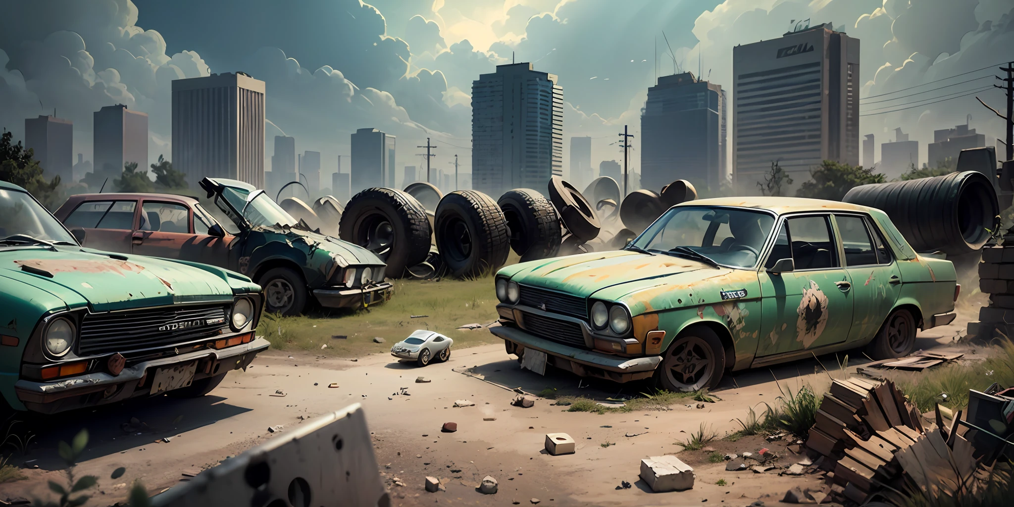 a Zombie Apocalypse scenario with abandoned cars, destruction, robots, and technology:
- Streets littered with abandoned cars and covered in dust, like a post-apocalyptic automotive graveyard.
- Broken windows and shattered glass reflecting the surrounding destruction.
- Rusty and weather-eroded vehicles, silent witnesses to the fall of civilization.
- Crumpled and twisted bodies, indicating the violence of past clashes.
- Withered and torn tires, rendered useless by lack of maintenance.
- Robots disabled, destroyed or abandoned, witnesses of the fight against the hordes of zombies.
- Robotic components scattered on the floor, evidencing the presence of the advanced technology that once existed.
- Remains of drones and autonomous vehicles, once used for surveillance and transportation, now inert and purposeless.
- The presence of abandoned combat robots, with damaged limbs and dead weapons, recalling humanity's efforts to confront the zombie threat.
- Scattered solar panels and power cells, remnants of sustainable energy sources that are no longer maintained.
- Worn markings and inscriptions on vehicles, indicating the passage of survivors or rival groups.
- Wrecked cars piled on top of each other, forming makeshift barricades for protection from zombies.
- Pedestals and empty bases where once there were safety robots, now absent and useless.
- Fragments of electronic circuits and disconnected cables, showing the dismantling of technology.
- Ruins of filling stations and charging stations for electric vehicles, lifeless and covered in moss.
These details can help create an atmosphere of desolation and despair in a Zombie Apocalypse setting, with abandoned cars, destruction, robots, and traces of technology. Use them to bring your scenery to life and stimulate the imagination. --auto --s2