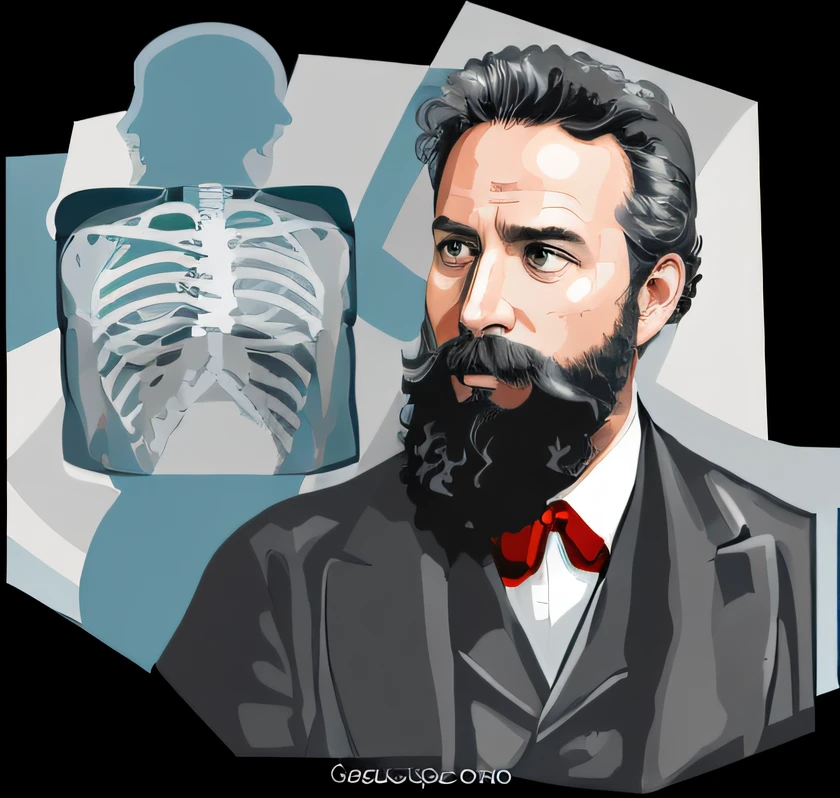 Cartoon of a man with a beard and skeleton, artwork by German physicists Roentgen Wilhelm Conrad, Ernst Haeckel and Artgerm, Pedro Bell, Anatomy of Vesaris, Gagin and Ernst Haeckel, Ferdinand Naboo background, Frederick Church and Vasily Perrov, anatomical portrait, HD illustration,!! Very coherent!! Vector art, Harry Volcker clipart style, vector art, no letters in the middle below
