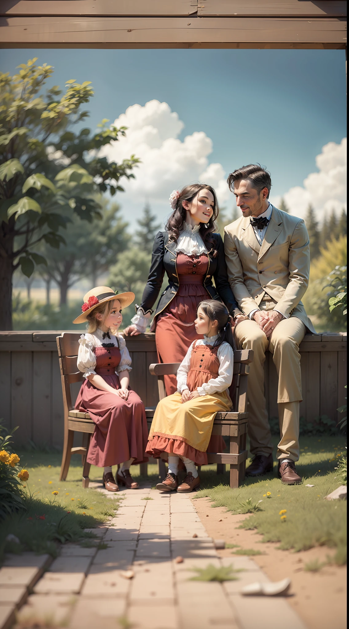 happy family from 1800s, sitting in front of their home, fortune, abundance, utopia