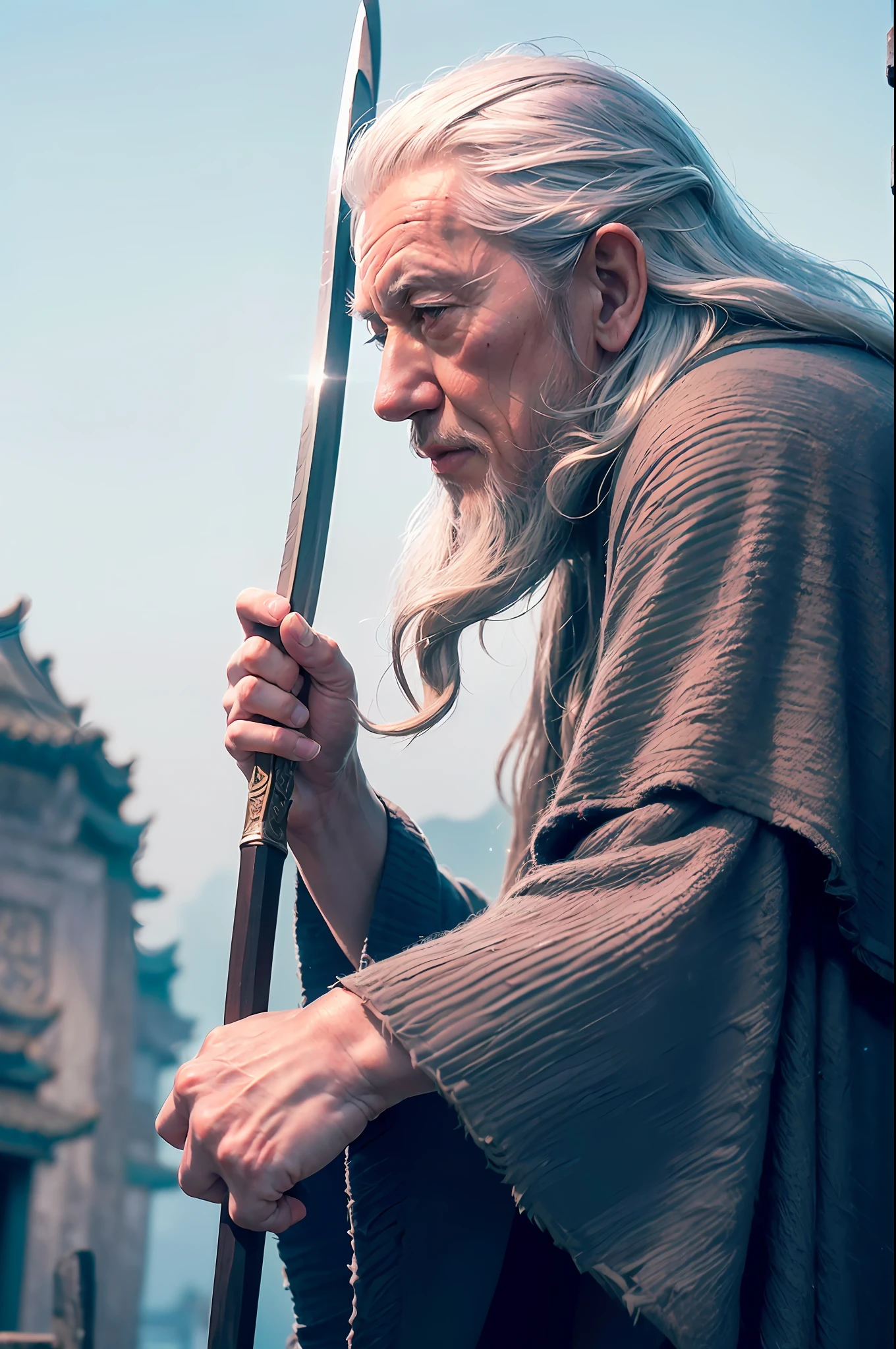 35mm film, 1 man, solo, sitting on a rock, looking at the viewer, close-up, cinematic footage of 1 man, warrior, (grain of film), film noise, cyberpunk dark sci-fi, fog, fog, smoke, volumetric, dramatic lighting, monochrome, flare lens, kodak vision 3, (((Ian McKellen as Gandalf, The Lord of the Rings))), wearing rags, beautiful detailed eyes, fine details, bright pupils, shadow, eyeliner, long white hair, (((floating hair))), (((dynamic pose, dynamic angle, fighting posture, fighting pose))), (((Holding a Chinese long sword, martial arts)))), (golden rag | red rag | blue rag), ((((angry:1.0))), (((whole body:1.2))), (((beautiful colorful rag)),((beautiful colorful rag)),((real textured rag)), ancient China, ancient Chinese architecture, stony battlefield, outdoors, Monochrome Cinematic Lighting, World of Martial Arts, SFW:1.98,