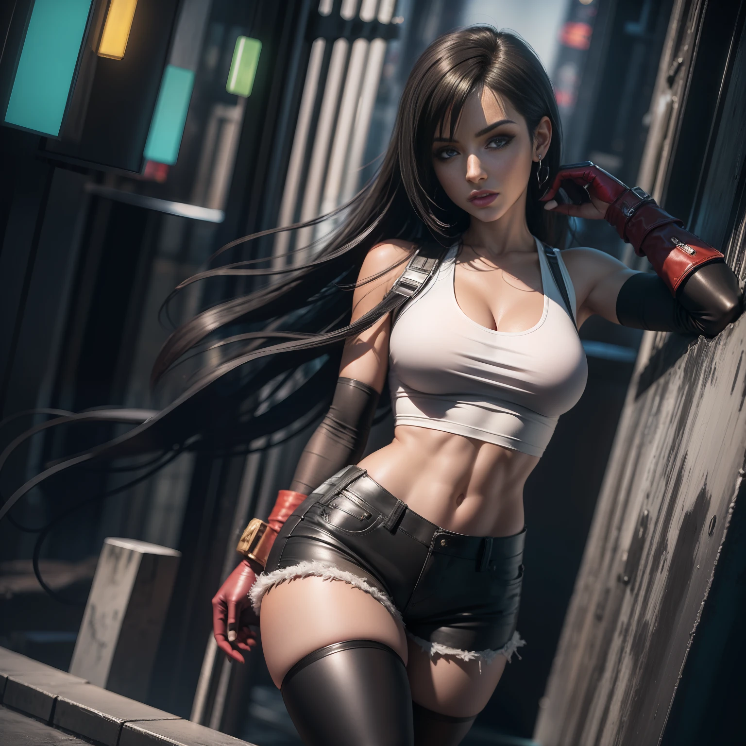 A masterpiece, Tifa Lockhart from final fantasy , perfect eyes, perfect body, wearing a white tank top, black shorts, black stockings, red boots, black gloves, at a futuristic modern city, detailed and intrincicated, HD, bioluminicense, neons