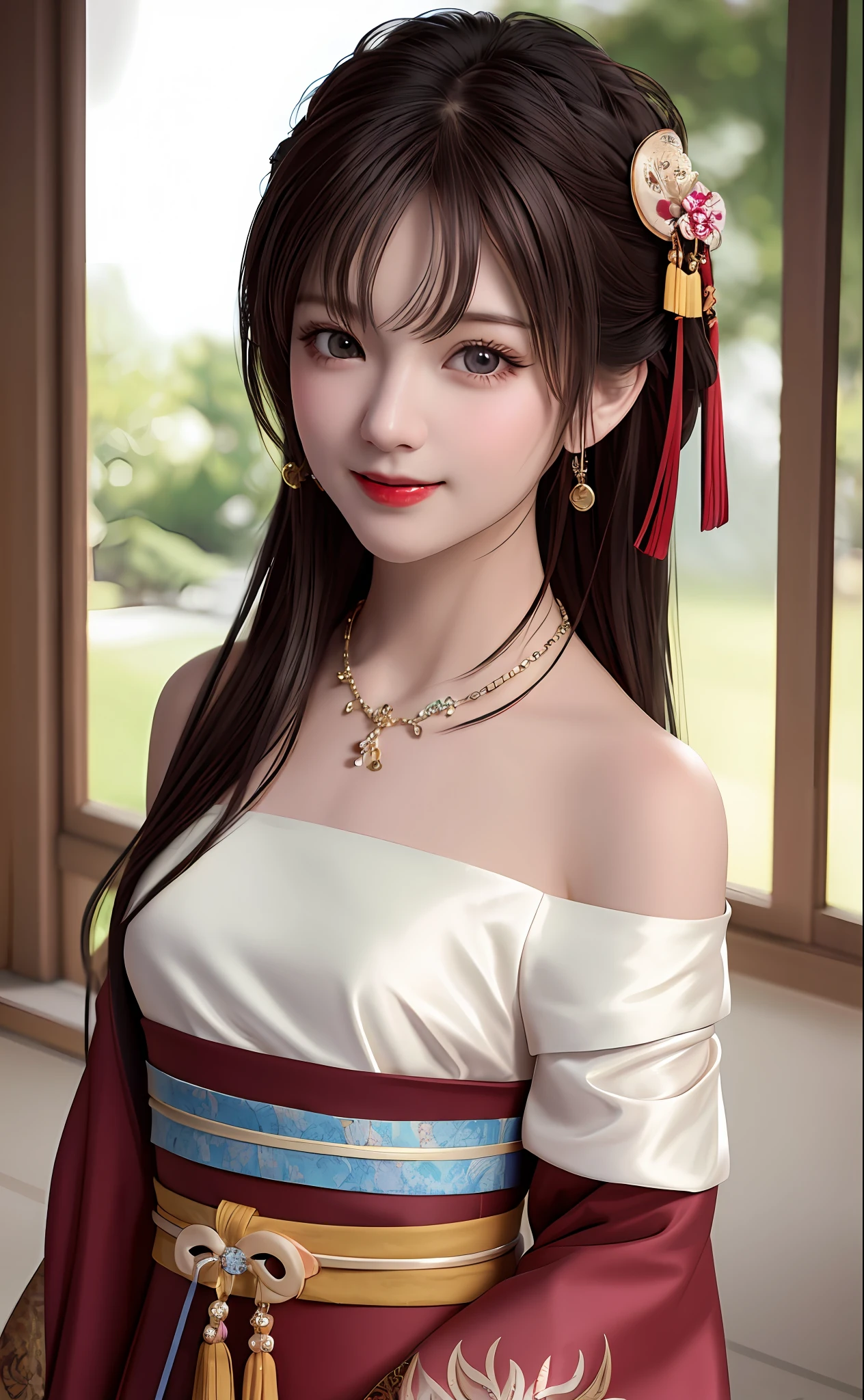 best quality, masterpiece, highres, 1girl, blush, (seductive smile:0.8), star pupils, red porcelain hanfu, hair accessories, necklace, jewelry, beauty, human body, tyndall effect, realistic, dark studio, edge lighting, bitone lighting, (high detail skin: 1.2), 8k uhd, DSLR, soft light, high quality, volumetric lighting, stolen shot, photo, high resolution, 4k, 8k, bokeh, (small head) masterpiece, best quality, upper body, 1 girl, (beautiful face), realistic, long hair, black hair, (hair bow), (small breasts), (off-the-shoulder), (outside the breasts), (flick), hanfu, look at the audience, hanfu, face the audience, light smile